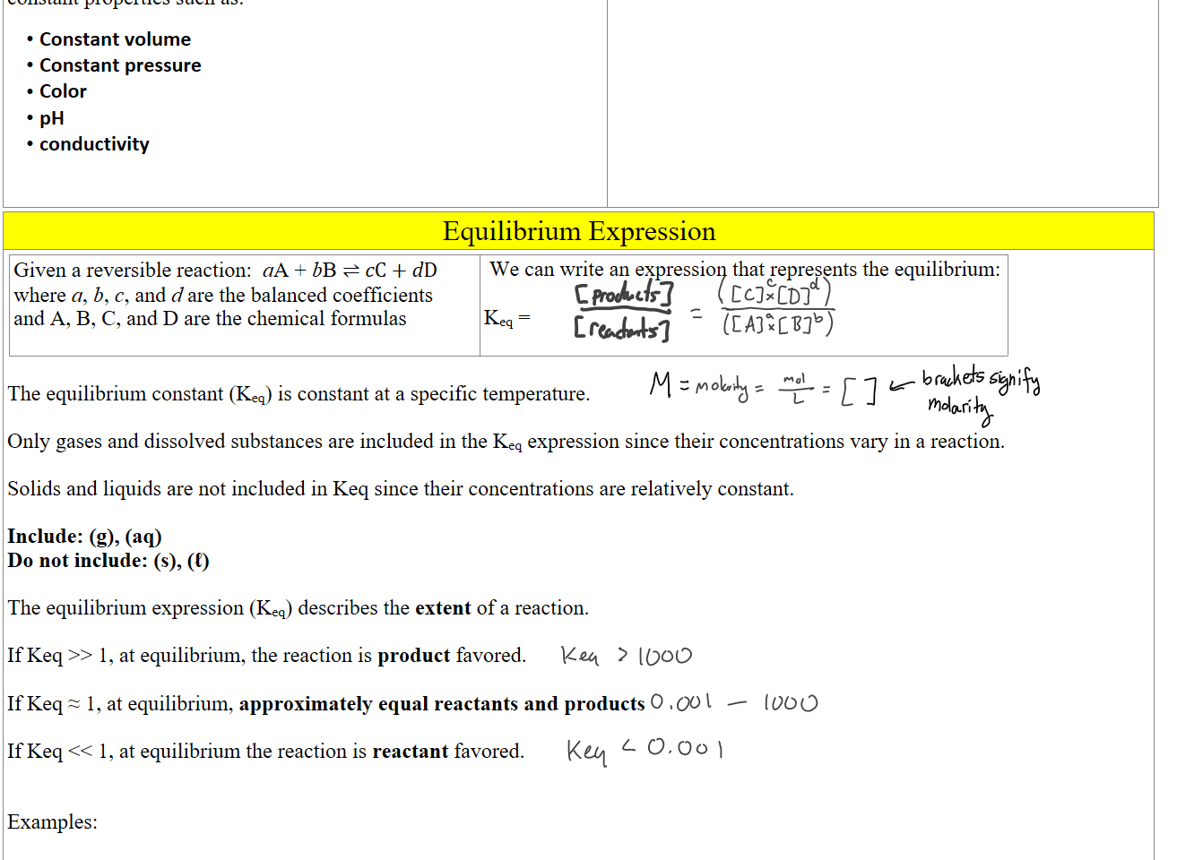 We know a system is at dynamic equilibrium when we can observe constant properties such as:

Constant volume
Constant pressure
Color
pH
conductivity


Equilibrium Expression
Given a reversible reaction:  aA + bB ⇌ cC + dD
where a, b, c, and d are the balanced coefficients 
and A, B, C, and D are the chemical formulas            
 We can write an expression that represents the equilibrium:
 
Keq = 


The equilibrium constant (Keq) is constant at a specific temperature.

Only gases and dissolved substances are included in the Keq expression since their concentrations vary in a reaction. 

Solids and liquids are not included in Keq since their concentrations are relatively constant. 

Include: (g), (aq) 
Do not include: (s), (ℓ)

The equilibrium expression (Keq) describes the extent of a reaction.

If Keq >> 1, at equilibrium, the reaction is product favored.

If Keq ≈ 1, at equilibrium, approximately equal reactants and products

If Keq << 1, at equilibrium the reaction is reactant favored.


Examples:

HCN (aq) ⇌ H+ (aq) + CN‒ (aq)                              [HCN] = 1.3 × 10–5 M, [H+] = 9.0 × 10–8 M, [CN–] = 9.0 × 10–8 M
Ink Drawings
Ink Drawings
Ink Drawings
Ink Drawings
Ink Drawings
Ink Drawings
Ink Drawings
Ink Drawings
Ink Drawings
Ink Drawings
Ink Drawings
Ink Drawings
Ink Drawings
Ink Drawings
Ink Drawings
Ink Drawings
Ink Drawings
Ink Drawings
Ink Drawings
Ink Drawings
Ink Drawings
Ink Drawings
Ink Drawings
Ink Drawings
Ink Drawings
Ink Drawings
Ink Drawings
Ink Drawings
Ink Drawings
Ink Drawings
Ink Drawings
Ink Drawings
Ink Drawings
Ink Drawings
Ink Drawings
Ink Drawings
Ink Drawings
Ink Drawings
Ink Drawings
Ink Drawings
Ink Drawings
Ink Drawings
Ink Drawings
Ink Drawings
Ink Drawings
Ink Drawings
Ink Drawings
Ink Drawings
Ink Drawings
Ink Drawings
Ink Drawings
Ink Drawings
Ink Drawings
Ink Drawings
Ink Drawings
Ink Drawings
Ink Drawings
Ink Drawings
Ink Drawings
Ink Drawings
Ink Drawings
Ink Drawings
Ink Drawings
Ink Drawings
Ink Drawings
Ink Drawings
Ink Drawings
Ink Drawings
Ink Drawings
Ink Drawings
Ink Drawings
Ink Drawings
Ink Drawings
Ink Drawings
Ink Drawings
Ink Drawings
Ink Drawings
Ink Drawings
Ink Drawings
Ink Drawings
Ink Drawings
Ink Drawings
Ink Drawings
Ink Drawings
Ink Drawings
Ink Drawings
Ink Drawings
Ink Drawings
Ink Drawings
Ink Drawings
Ink Drawings
Ink Drawings
Ink Drawings
Ink Drawings
Ink Drawings
Ink Drawings
Ink Drawings
Ink Drawings
Ink Drawings
Ink Drawings
Ink Drawings
Ink Drawings
Ink Drawings
Ink Drawings
Ink Drawings
Ink Drawings
Ink Drawings
Ink Drawings
Ink Drawings
Ink Drawings
Ink Drawings
Ink Drawings
Ink Drawings
Ink Drawings
Ink Drawings
Ink Drawings
Ink Drawings
Ink Drawings
Ink Drawings
Ink Drawings
Ink Drawings
Ink Drawings
Ink Drawings
Ink Drawings
Ink Drawings
Ink Drawings
Ink Drawings
Ink Drawings
Ink Drawings
Ink Drawings
Ink Drawings
Ink Drawings
Ink Drawings
Ink Drawings
Ink Drawings
Ink Drawings
Ink Drawings
Ink Drawings
Ink Drawings
Ink Drawings
Ink Drawings
Ink Drawings
Ink Drawings
Ink Drawings
Ink Drawings
Ink Drawings
