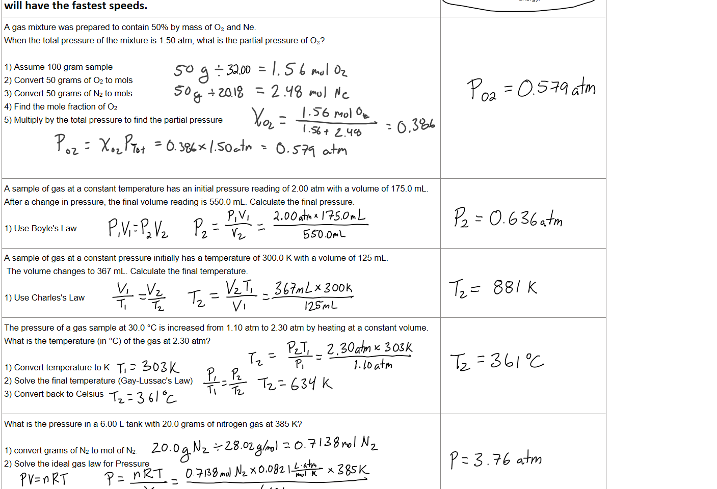 However, the speeds will not be the same. The lightest gases (lowest molar mass) will have the fastest speeds.
Untitled picture 02 
All the gases will have the same average kinetic 

A gas mixture was prepared to contain 50% by mass of O₂ and Ne. 
When the total pressure of the mixture is 1.50 atm, what is the partial pressure of O₂?

1) Assume 100 gram sample
2) Convert 50 grams of O2 to mols
3) Convert 50 grams of N2 to mols
4) Find the mole fraction of O2 
5) Multiply by the total pressure to find the partial pressure





A sample of gas at a constant temperature has an initial pressure reading of 2.00 atm with a volume of 175.0 mL. 
After a change in pressure, the final volume reading is 550.0 mL. Calculate the final pressure.

1) Use Boyle's Law


A sample of gas at a constant pressure initially has a temperature of 300.0 K with a volume of 125 mL.
 The volume changes to 367 mL. Calculate the final temperature.

1) Use Charles's Law


The pressure of a gas sample at 30.0 °C is increased from 1.10 atm to 2.30 atm by heating at a constant volume. 
What is the temperature (in °C) of the gas at 2.30 atm?

1) Convert temperature to K
2) Solve the final temperature (Gay-Lussac's Law)
3) Convert back to Celsius


What is the pressure in a 6.00 L tank with 20.0 grams of nitrogen gas at 385 K?

1) convert grams of N2 to mol of N2.
2) Solve the ideal gas law for Pressure



Ink Drawings
Ink Drawings
Ink Drawings
Ink Drawings
Ink Drawings
Ink Drawings
Ink Drawings
Ink Drawings
Ink Drawings
Ink Drawings
Ink Drawings
Ink Drawings
Ink Drawings
Ink Drawings
Ink Drawings
Ink Drawings
Ink Drawings
Ink Drawings
Ink Drawings
Ink Drawings
Ink Drawings
Ink Drawings
Ink Drawings
Ink Drawings
Ink Drawings
Ink Drawings
Ink Drawings
Ink Drawings
Ink Drawings
Ink Drawings
Ink Drawings
Ink Drawings
Ink Drawings
Ink Drawings
Ink Drawings
Ink Drawings
Ink Drawings
Ink Drawings
Ink Drawings
Ink Drawings
Ink Drawings
Ink Drawings
Ink Drawings
Ink Drawings
Ink Drawings
Ink Drawings
Ink Drawings
Ink Drawings
Ink Drawings
Ink Drawings
Ink Drawings
Ink Drawings
Ink Drawings
Ink Drawings
Ink Drawings
Ink Drawings
Ink Drawings
Ink Drawings
Ink Drawings
Ink Drawings
Ink Drawings
Ink Drawings
Ink Drawings
Ink Drawings
Ink Drawings
Ink Drawings
Ink Drawings
Ink Drawings
Ink Drawings
Ink Drawings
Ink Drawings
Ink Drawings
Ink Drawings
Ink Drawings
Ink Drawings
Ink Drawings
Ink Drawings
Ink Drawings
Ink Drawings
Ink Drawings
Ink Drawings
Ink Drawings
Ink Drawings
Ink Drawings
Ink Drawings
Ink Drawings
Ink Drawings
Ink Drawings
Ink Drawings
Ink Drawings
Ink Drawings
Ink Drawings
Ink Drawings
Ink Drawings
Ink Drawings
Ink Drawings
Ink Drawings
Ink Drawings
Ink Drawings
Ink Drawings
Ink Drawings
Ink Drawings
Ink Drawings
Ink Drawings
Ink Drawings
Ink Drawings
Ink Drawings
Ink Drawings
Ink Drawings
Ink Drawings
Ink Drawings
Ink Drawings
Ink Drawings
Ink Drawings
Ink Drawings
Ink Drawings
Ink Drawings
Ink Drawings
Ink Drawings
Ink Drawings
Ink Drawings
Ink Drawings
Ink Drawings
Ink Drawings
Ink Drawings
Ink Drawings
Ink Drawings
Ink Drawings
Ink Drawings
Ink Drawings
Ink Drawings
Ink Drawings
Ink Drawings
Ink Drawings
Ink Drawings
Ink Drawings
Ink Drawings
Ink Drawings
Ink Drawings
Ink Drawings
Ink Drawings
Ink Drawings
Ink Drawings
Ink Drawings
Ink Drawings
Ink Drawings
Ink Drawings
Ink Drawings
Ink Drawings
Ink Drawings
Ink Drawings
Ink Drawings
Ink Drawings
Ink Drawings
Ink Drawings
Ink Drawings
Ink Drawings
Ink Drawings
Ink Drawings
Ink Drawings
Ink Drawings
Ink Drawings
Ink Drawings
Ink Drawings
Ink Drawings
Ink Drawings
Ink Drawings
Ink Drawings
Ink Drawings
Ink Drawings
Ink Drawings
Ink Drawings
Ink Drawings
Ink Drawings
Ink Drawings
Ink Drawings
Ink Drawings
Ink Drawings
Ink Drawings
Ink Drawings
Ink Drawings
Ink Drawings
Ink Drawings
Ink Drawings
Ink Drawings
Ink Drawings
Ink Drawings
Ink Drawings
Ink Drawings
Ink Drawings
Ink Drawings
Ink Drawings
Ink Drawings
Ink Drawings
Ink Drawings
Ink Drawings
Ink Drawings
Ink Drawings
Ink Drawings
Ink Drawings
Ink Drawings
Ink Drawings
Ink Drawings
Ink Drawings
Ink Drawings
Ink Drawings
Ink Drawings
Ink Drawings
Ink Drawings
Ink Drawings
Ink Drawings
Ink Drawings
Ink Drawings
Ink Drawings
Ink Drawings
Ink Drawings
Ink Drawings
Ink Drawings
Ink Drawings
Ink Drawings
Ink Drawings
Ink Drawings
Ink Drawings
Ink Drawings
Ink Drawings
Ink Drawings
Ink Drawings
Ink Drawings
Ink Drawings
Ink Drawings
Ink Drawings
Ink Drawings
Ink Drawings
Ink Drawings
Ink Drawings
Ink Drawings
Ink Drawings
Ink Drawings
Ink Drawings
Ink Drawings
Ink Drawings
Ink Drawings
Ink Drawings
Ink Drawings
Ink Drawings
Ink Drawings
Ink Drawings
Ink Drawings
Ink Drawings
Ink Drawings
Ink Drawings
Ink Drawings
Ink Drawings
Ink Drawings
Ink Drawings
Ink Drawings
Ink Drawings
Ink Drawings
Ink Drawings
Ink Drawings
Ink Drawings
Ink Drawings
Ink Drawings
Ink Drawings
Ink Drawings
Ink Drawings
Ink Drawings
Ink Drawings
Ink Drawings
Ink Drawings
Ink Drawings
Ink Drawings
Ink Drawings
Ink Drawings
Ink Drawings
Ink Drawings
Ink Drawings
Ink Drawings
Ink Drawings
Ink Drawings
Ink Drawings
Ink Drawings
Ink Drawings
Ink Drawings
Ink Drawings
Ink Drawings
Ink Drawings
Ink Drawings
Ink Drawings
Ink Drawings
Ink Drawings
Ink Drawings
Ink Drawings
Ink Drawings
Ink Drawings
Ink Drawings
Ink Drawings
Ink Drawings
Ink Drawings
Ink Drawings
Ink Drawings
Ink Drawings
Ink Drawings
Ink Drawings
Ink Drawings
Ink Drawings
Ink Drawings
Ink Drawings
Ink Drawings
Ink Drawings
Ink Drawings
Ink Drawings
Ink Drawings
Ink Drawings
Ink Drawings
Ink Drawings
Ink Drawings
Ink Drawings
Ink Drawings
Ink Drawings
Ink Drawings
Ink Drawings
Ink Drawings
Ink Drawings
Ink Drawings
Ink Drawings
Ink Drawings
Ink Drawings
Ink Drawings
Ink Drawings
Ink Drawings
Ink Drawings
Ink Drawings
Ink Drawings
Ink Drawings
Ink Drawings
Ink Drawings
Ink Drawings
Ink Drawings
Ink Drawings
Ink Drawings
Ink Drawings
Ink Drawings
Ink Drawings
Ink Drawings
Ink Drawings
Ink Drawings
Ink Drawings
Ink Drawings
Ink Drawings
Ink Drawings
Ink Drawings
Ink Drawings
Ink Drawings
Ink Drawings
Ink Drawings
Ink Drawings
Ink Drawings
Ink Drawings
Ink Drawings
Ink Drawings
Ink Drawings
Ink Drawings
Ink Drawings
Ink Drawings
Ink Drawings
Ink Drawings
Ink Drawings
Ink Drawings
Ink Drawings
Ink Drawings
Ink Drawings
Ink Drawings
Ink Drawings
Ink Drawings
Ink Drawings
Ink Drawings
Ink Drawings
Ink Drawings
Ink Drawings
Ink Drawings
Ink Drawings
Ink Drawings
Ink Drawings
Ink Drawings
Ink Drawings
Ink Drawings
Ink Drawings
Ink Drawings
Ink Drawings
Ink Drawings
Ink Drawings
Ink Drawings
Ink Drawings
Ink Drawings
Ink Drawings
Ink Drawings
Ink Drawings
Ink Drawings
Ink Drawings
Ink Drawings
Ink Drawings
Ink Drawings
Ink Drawings
Ink Drawings
Ink Drawings
Ink Drawings
Ink Drawings
Ink Drawings
Ink Drawings
Ink Drawings
Ink Drawings
Ink Drawings
Ink Drawings
Ink Drawings
Ink Drawings
Ink Drawings
Ink Drawings
Ink Drawings
Ink Drawings
Ink Drawings
Ink Drawings
Ink Drawings
Ink Drawings
Ink Drawings
Ink Drawings
Ink Drawings
Ink Drawings
Ink Drawings
Ink Drawings
Ink Drawings
Ink Drawings
Ink Drawings
Ink Drawings
Ink Drawings
Ink Drawings
Ink Drawings
Ink Drawings
Ink Drawings
Ink Drawings
Ink Drawings
Ink Drawings
Ink Drawings
Ink Drawings
Ink Drawings
Ink Drawings
Ink Drawings
Ink Drawings
Ink Drawings
Ink Drawings
Ink Drawings
Ink Drawings
Ink Drawings
Ink Drawings
Ink Drawings
Ink Drawings
Ink Drawings
Ink Drawings
Ink Drawings
Ink Drawings
Ink Drawings
Ink Drawings
Ink Drawings
Ink Drawings
Ink Drawings
Ink Drawings
Ink Drawings
Ink Drawings
Ink Drawings
Ink Drawings
Ink Drawings
Ink Drawings
Ink Drawings
Ink Drawings
Ink Drawings
Ink Drawings
Ink Drawings
Ink Drawings
Ink Drawings
Ink Drawings
Ink Drawings
Ink Drawings
Ink Drawings
Ink Drawings
Ink Drawings
Ink Drawings
Ink Drawings
Ink Drawings
Ink Drawings
Ink Drawings
Ink Drawings
Ink Drawings
Ink Drawings
Ink Drawings
Ink Drawings
Ink Drawings
Ink Drawings
Ink Drawings
Ink Drawings
Ink Drawings
Ink Drawings
Ink Drawings
Ink Drawings
Ink Drawings
Ink Drawings
Ink Drawings
Ink Drawings
Ink Drawings
Ink Drawings
Ink Drawings
Ink Drawings
Ink Drawings
Ink Drawings
Ink Drawings
Ink Drawings
Ink Drawings
Ink Drawings
Ink Drawings
Ink Drawings
Ink Drawings
Ink Drawings
Ink Drawings
Ink Drawings
Ink Drawings
