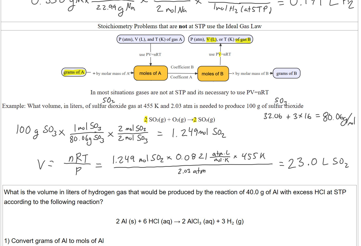 



Stoichiometry Problems that are not at STP use the Ideal Gas Law
Untitled picture.png Machine generated alternative text:
P (atm), V (L), and T (K) of gas A 
use PV=nRT 
P (atm), V (L), or T (K) of gas B 
use PV=nRT 
grams of A 
+ by molar mass of A 
Coefficient B 
moles of A 
Coefficent A 
moles of B 
x by molar mass of B 
grams ofB 

In most situations gases are not at STP and its necessary to use PV=nRT

Example: What volume, in liters, of sulfur dioxide gas at 455 K and 2.03 atm is needed to produce 100 g of sulfur trioxide

2 SO₂(g) + O₂(g) →2 SO₃(g)











What is the volume in liters of hydrogen gas that would be produced by the reaction of 40.0 g of Al with excess HCl at STP according to the following reaction? 

2 Al (s) + 6 HCl (aq) → 2 AlCl₃ (aq) + 3 H₂ (g)

1) Convert grams of Al to mols of Al
2) Convert mols of Al to mols of H2
Ink Drawings
Ink Drawings
Ink Drawings
Ink Drawings
Ink Drawings
Ink Drawings
Ink Drawings
Ink Drawings
Ink Drawings
Ink Drawings
Ink Drawings
Ink Drawings
Ink Drawings
Ink Drawings
Ink Drawings
Ink Drawings
Ink Drawings
Ink Drawings
Ink Drawings
Ink Drawings
Ink Drawings
Ink Drawings
Ink Drawings
Ink Drawings
Ink Drawings
Ink Drawings
Ink Drawings
Ink Drawings
Ink Drawings
Ink Drawings
Ink Drawings
Ink Drawings
Ink Drawings
Ink Drawings
Ink Drawings
Ink Drawings
Ink Drawings
Ink Drawings
Ink Drawings
Ink Drawings
Ink Drawings
Ink Drawings
Ink Drawings
Ink Drawings
Ink Drawings
Ink Drawings
Ink Drawings
Ink Drawings
Ink Drawings
Ink Drawings
Ink Drawings
Ink Drawings
Ink Drawings
Ink Drawings
Ink Drawings
Ink Drawings
Ink Drawings
Ink Drawings
Ink Drawings
Ink Drawings
Ink Drawings
Ink Drawings
Ink Drawings
Ink Drawings
Ink Drawings
Ink Drawings
Ink Drawings
Ink Drawings
Ink Drawings
Ink Drawings
Ink Drawings
Ink Drawings
Ink Drawings
Ink Drawings
Ink Drawings
Ink Drawings
Ink Drawings
Ink Drawings
Ink Drawings
Ink Drawings
Ink Drawings
Ink Drawings
Ink Drawings
Ink Drawings
Ink Drawings
Ink Drawings
Ink Drawings
Ink Drawings
Ink Drawings
Ink Drawings
Ink Drawings
Ink Drawings
Ink Drawings
Ink Drawings
Ink Drawings
Ink Drawings
Ink Drawings
Ink Drawings
Ink Drawings
Ink Drawings
Ink Drawings
Ink Drawings
Ink Drawings
Ink Drawings
Ink Drawings
Ink Drawings
Ink Drawings
Ink Drawings
Ink Drawings
Ink Drawings
Ink Drawings
Ink Drawings
Ink Drawings
Ink Drawings
Ink Drawings
Ink Drawings
Ink Drawings
Ink Drawings
Ink Drawings
Ink Drawings
Ink Drawings
Ink Drawings
Ink Drawings
Ink Drawings
Ink Drawings
Ink Drawings
Ink Drawings
Ink Drawings
Ink Drawings
Ink Drawings
Ink Drawings
Ink Drawings
Ink Drawings
Ink Drawings
Ink Drawings
Ink Drawings
Ink Drawings
Ink Drawings
Ink Drawings
Ink Drawings
Ink Drawings
Ink Drawings
Ink Drawings
Ink Drawings
Ink Drawings
Ink Drawings
Ink Drawings
Ink Drawings
Ink Drawings
Ink Drawings
Ink Drawings
Ink Drawings
Ink Drawings
Ink Drawings
Ink Drawings
Ink Drawings
Ink Drawings
Ink Drawings
Ink Drawings
Ink Drawings
Ink Drawings
Ink Drawings
Ink Drawings
Ink Drawings
Ink Drawings
Ink Drawings
Ink Drawings
Ink Drawings
Ink Drawings
Ink Drawings
Ink Drawings
Ink Drawings
Ink Drawings
Ink Drawings
Ink Drawings
Ink Drawings
Ink Drawings
Ink Drawings
Ink Drawings
Ink Drawings
Ink Drawings
Ink Drawings
Ink Drawings
Ink Drawings
Ink Drawings
Ink Drawings
Ink Drawings
Ink Drawings
Ink Drawings
Ink Drawings
Ink Drawings
Ink Drawings
Ink Drawings
Ink Drawings
Ink Drawings
Ink Drawings
Ink Drawings
Ink Drawings
Ink Drawings
Ink Drawings
Ink Drawings
Ink Drawings
Ink Drawings
Ink Drawings
Ink Drawings
Ink Drawings
Ink Drawings
Ink Drawings
Ink Drawings
Ink Drawings
Ink Drawings
Ink Drawings
Ink Drawings
Ink Drawings
Ink Drawings
Ink Drawings
Ink Drawings
Ink Drawings
Ink Drawings
Ink Drawings
Ink Drawings
Ink Drawings
Ink Drawings
Ink Drawings
Ink Drawings
Ink Drawings
Ink Drawings
Ink Drawings
Ink Drawings
Ink Drawings
Ink Drawings
Ink Drawings
Ink Drawings
Ink Drawings
Ink Drawings
Ink Drawings
Ink Drawings
Ink Drawings
Ink Drawings
Ink Drawings
Ink Drawings
Ink Drawings
Ink Drawings
Ink Drawings
Ink Drawings
Ink Drawings
Ink Drawings
Ink Drawings
Ink Drawings
Ink Drawings
