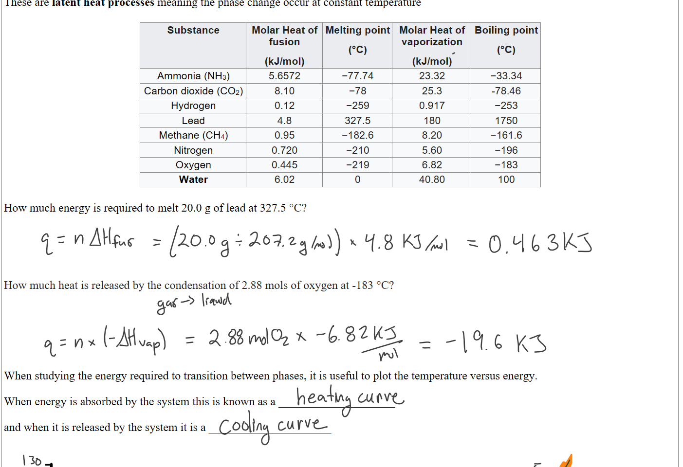 These are latent heat processes meaning the phase change occur at constant temperature

Substance
Molar Heat of fusion
(kJ/mol)
Melting point
(°C)
Molar Heat of vaporization
(kJ/mol)
Boiling point
(°C)
Ammonia (NH3)
5.6572
−77.74
23.32
−33.34
Carbon dioxide (CO2)
8.10
−78
25.3
-78.46
Hydrogen
0.12
−259
0.917
−253
Lead
4.8
327.5
180
1750
Methane (CH4)
0.95
−182.6
8.20
−161.6
Nitrogen
0.720
−210
5.60
−196
Oxygen
0.445
−219
6.82
−183
Water
6.02
0
40.80
100

How much energy is required to melt 20.0 g of lead at 327.5 °C?





How much heat is released by the condensation of 2.88 mols of oxygen at -183 °C?






When studying the energy required to transition between phases, it is useful to plot the temperature versus energy. 

When energy is absorbed by the system this is known as a ____________________ 

and when it is released by the system it is a _____________________


Untitled picture.png Machine generated alternative text:
heat (J) 
Ink Drawings
Ink Drawings
Ink Drawings
Ink Drawings
Ink Drawings
Ink Drawings
Ink Drawings
Ink Drawings
Ink Drawings
Ink Drawings
Ink Drawings
Ink Drawings
Ink Drawings
Ink Drawings
Ink Drawings
Ink Drawings
Ink Drawings
Ink Drawings
Ink Drawings
Ink Drawings
Ink Drawings
Ink Drawings
Ink Drawings
Ink Drawings
Ink Drawings
Ink Drawings
Ink Drawings
Ink Drawings
Ink Drawings
Ink Drawings
Ink Drawings
Ink Drawings
Ink Drawings
Ink Drawings
Ink Drawings
Ink Drawings
Ink Drawings
Ink Drawings
Ink Drawings
Ink Drawings
Ink Drawings
Ink Drawings
Ink Drawings
Ink Drawings
Ink Drawings
Ink Drawings
Ink Drawings
Ink Drawings
Ink Drawings
Ink Drawings
Ink Drawings
Ink Drawings
Ink Drawings
Ink Drawings
Ink Drawings
Ink Drawings
Ink Drawings
Ink Drawings
Ink Drawings
Ink Drawings
Ink Drawings
Ink Drawings
Ink Drawings
Ink Drawings
Ink Drawings
Ink Drawings
Ink Drawings
Ink Drawings
Ink Drawings
Ink Drawings
Ink Drawings
Ink Drawings
Ink Drawings
Ink Drawings
Ink Drawings
Ink Drawings
Ink Drawings
Ink Drawings
Ink Drawings
Ink Drawings
Ink Drawings
Ink Drawings
Ink Drawings
Ink Drawings
Ink Drawings
Ink Drawings
Ink Drawings
Ink Drawings
Ink Drawings
Ink Drawings
Ink Drawings
Ink Drawings
Ink Drawings
Ink Drawings
Ink Drawings
Ink Drawings
Ink Drawings
Ink Drawings
Ink Drawings
Ink Drawings
Ink Drawings
Ink Drawings
Ink Drawings
Ink Drawings
Ink Drawings
Ink Drawings
Ink Drawings
Ink Drawings
Ink Drawings
Ink Drawings
Ink Drawings
Ink Drawings
Ink Drawings
Ink Drawings
Ink Drawings
Ink Drawings
Ink Drawings
Ink Drawings
Ink Drawings
Ink Drawings
Ink Drawings
Ink Drawings
Ink Drawings
Ink Drawings
Ink Drawings
Ink Drawings
Ink Drawings
Ink Drawings
Ink Drawings
Ink Drawings
Ink Drawings
Ink Drawings
Ink Drawings
Ink Drawings
Ink Drawings
Ink Drawings
Ink Drawings
Ink Drawings
Ink Drawings
Ink Drawings
Ink Drawings
Ink Drawings
Ink Drawings
Ink Drawings
Ink Drawings
Ink Drawings
Ink Drawings
Ink Drawings
Ink Drawings
Ink Drawings
Ink Drawings
Ink Drawings
Ink Drawings
Ink Drawings
Ink Drawings
Ink Drawings
Ink Drawings
Ink Drawings
Ink Drawings
Ink Drawings
Ink Drawings
Ink Drawings
Ink Drawings
Ink Drawings
Ink Drawings
Ink Drawings
Ink Drawings
