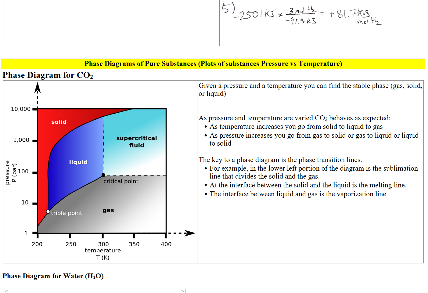 pro-Qw9uUtKF.jpeg ".19 Y (0 - ZS.60 
— (000 
ICC 
150.3 
8 
(COZ *2.092 x 
Of(s 
( 000 
pro-u4TGyMJW.jpeg 2-50 | 



Phase Diagrams of Pure Substances (Plots of substances Pressure vs Temperature)
Phase Diagram for CO2 
CO2-phase.png Machine generated alternative text:
solid 
liquid 
riple point 
supercritical 
fluid 
critical point 
gas 
Given a pressure and a temperature you can find the stable phase (gas, solid, or liquid)


As pressure and temperature are varied CO2 behaves as expected:
As temperature increases you go from solid to liquid to gas
As pressure increases you go from gas to solid or gas to liquid or liquid to solid

The key to a phase diagram is the phase transition lines.  
For example, in the lower left portion of the diagram is the sublimation line that divides the solid and the gas.  
At the interface between the solid and the liquid is the melting line.  
The interface between liquid and gas is the vaporization line
 
Phase Diagram for Water (H2O)

phase-diagram-water.png Machine generated alternative text:
water 
Ice 
steam 
water vapor 
normal freezing point 
• normal boiling point 
O triple point 
D critical point 

