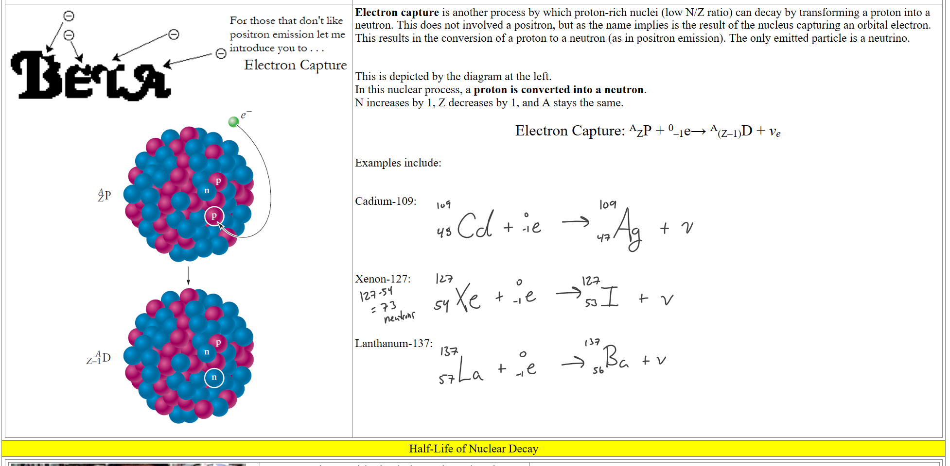 Untitled picture.png Machine generated alternative text:
z-ID 
Untitled picture.png Machine generated alternative text:
e 
Betra 
For those that don't like 
position emission let me 
introduce you to . . . 
Electron Capture 
Untitled picture.png 
Electron capture is another process by which proton-rich nuclei (low N/Z ratio) can decay by transforming a proton into a neutron. This does not involved a positron, but as the name implies is the result of the nucleus capturing an orbital electron. This results in the conversion of a proton to a neutron (as in positron emission). The only emitted particle is a neutrino.
This is depicted by the diagram at the left. 
In this nuclear process, a proton is converted into a neutron. 
N increases by 1, Z decreases by 1, and A stays the same.

Electron Capture: AZP + 0–1e→ A(Z–1)D + νe

Examples include:


Cadium-109:





Xenon-127:




Lanthanum-137:
Half-Life of Nuclear Decay
Untitled picture.png 
 Isotopes play a critical role in nuclear chemistry. Many isotopes have unstable nuclei that decay over time, a property utilized in fields like radiometric dating and cancer treatment. Radiocarbon dating, for instance, measures the decay of carbon-14 to determine the age of organic materials up to about 50,000 years old.
Untitled picture.png Machine generated alternative text:
Nuclide 
(tritium) 
4Be 
Itc 
Il a 
1%La 
86Rn 
2åTh 
BNP 
2%pu 
12.26 years 
—1 x 10 
5730 years 
2.601 years 
15.02 hours 
14.28 days 
87.2 days 
3.01 x 105 years 
1.28 x 109 years 
44.6 days 
5.27 years 
29 years 
453 days 
59.7 days 
8.041 days 
36.41 days 
—6 x 104 years 
3.824 days 
1600 years 
1.40 x 1010 years 
7.04 x 108 years 
4.468 x 109 years 
2.350 days 
2.411 x 104 years 
Decay Mode 
e 
e 
e 
e 
e 
e 
e 
Je- (89.3%) 
IE.c. (10.7%) 
e 
e 
e 
E.C. 
E.C. 
e 
E.C. 
E.C. 
e 
Daughter 
12Mg 
47 Ag 
54 Xe 
2%Rn 
2åpu 
Ink Drawings
Ink Drawings
Ink Drawings
Ink Drawings
Ink Drawings
Ink Drawings
Ink Drawings
Ink Drawings
Ink Drawings
Ink Drawings
Ink Drawings
Ink Drawings
Ink Drawings
Ink Drawings
Ink Drawings
Ink Drawings
Ink Drawings
Ink Drawings
Ink Drawings
Ink Drawings
Ink Drawings
Ink Drawings
Ink Drawings
Ink Drawings
Ink Drawings
Ink Drawings
Ink Drawings
Ink Drawings
Ink Drawings
Ink Drawings
Ink Drawings
Ink Drawings
Ink Drawings
Ink Drawings
Ink Drawings
Ink Drawings
Ink Drawings
Ink Drawings
Ink Drawings
Ink Drawings
Ink Drawings
Ink Drawings
Ink Drawings
Ink Drawings
Ink Drawings
Ink Drawings
Ink Drawings
Ink Drawings
Ink Drawings
Ink Drawings
Ink Drawings
Ink Drawings
Ink Drawings
Ink Drawings
Ink Drawings
Ink Drawings
Ink Drawings
Ink Drawings
Ink Drawings
Ink Drawings
Ink Drawings
Ink Drawings
Ink Drawings
Ink Drawings
Ink Drawings
Ink Drawings
Ink Drawings
Ink Drawings
Ink Drawings
Ink Drawings
Ink Drawings
Ink Drawings
Ink Drawings
Ink Drawings
Ink Drawings
Ink Drawings
Ink Drawings
Ink Drawings
Ink Drawings
Ink Drawings
Ink Drawings
Ink Drawings
Ink Drawings
Ink Drawings
Ink Drawings
Ink Drawings
Ink Drawings
Ink Drawings
Ink Drawings
Ink Drawings
Ink Drawings
Ink Drawings
Ink Drawings
Ink Drawings
Ink Drawings
Ink Drawings
Ink Drawings
Ink Drawings
Ink Drawings
Ink Drawings
Ink Drawings
Ink Drawings
Ink Drawings
Ink Drawings
Ink Drawings
Ink Drawings
Ink Drawings
Ink Drawings
Ink Drawings
Ink Drawings
Ink Drawings
Ink Drawings
Ink Drawings
Ink Drawings
Ink Drawings
