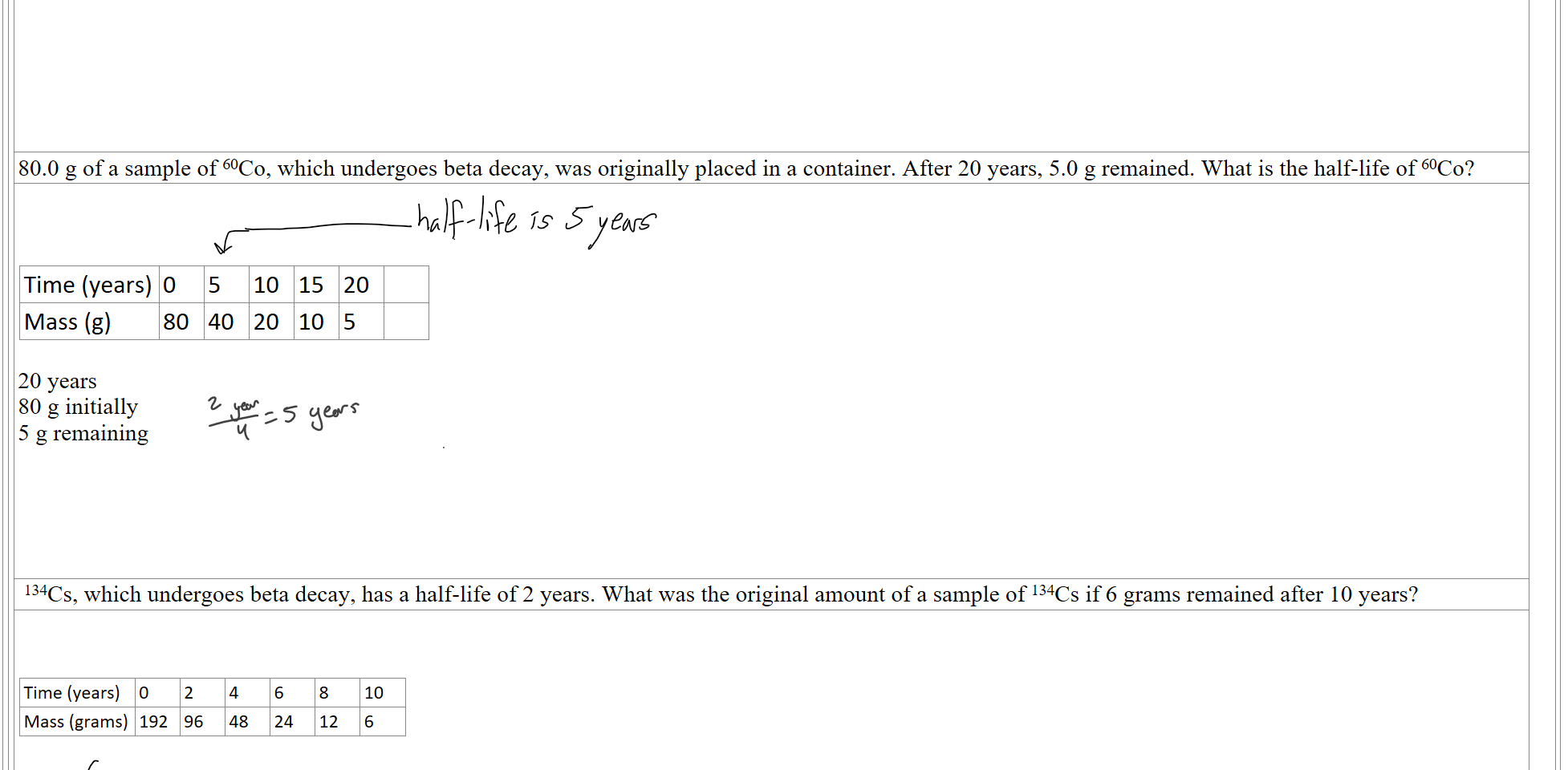 
80.0 g of a sample of 60Co, which undergoes beta decay, was originally placed in a container. After 20 years, 5.0 g remained. What is the half-life of 60Co?

Time (years)
0
5
10
15
20

Mass (g)
80
40
20
10
5

20 years
80 g initially
5 g remaining
 134Cs, which undergoes beta decay, has a half-life of 2 years. What was the original amount of a sample of 134Cs if 6 grams remained after 10 years?

Time (years)
0
2
4
6
8
10
Mass (grams)
192
96
48
24
12
6

Ink Drawings
Ink Drawings
Ink Drawings
Ink Drawings
Ink Drawings
Ink Drawings
Ink Drawings
Ink Drawings
Ink Drawings
Ink Drawings
Ink Drawings
Ink Drawings
Ink Drawings
Ink Drawings
Ink Drawings
Ink Drawings
Ink Drawings
Ink Drawings
Ink Drawings
Ink Drawings
Ink Drawings
Ink Drawings
Ink Drawings
Ink Drawings
Ink Drawings
Ink Drawings
Ink Drawings
Ink Drawings
Ink Drawings
Ink Drawings
Ink Drawings
Ink Drawings
Ink Drawings
Ink Drawings
Ink Drawings
Ink Drawings
Ink Drawings
Ink Drawings
Ink Drawings
Ink Drawings
Ink Drawings
Ink Drawings
Ink Drawings
Ink Drawings
Ink Drawings
Ink Drawings
Ink Drawings
Ink Drawings
Ink Drawings
Ink Drawings
Ink Drawings
Ink Drawings
Ink Drawings
Ink Drawings
Ink Drawings
Ink Drawings
