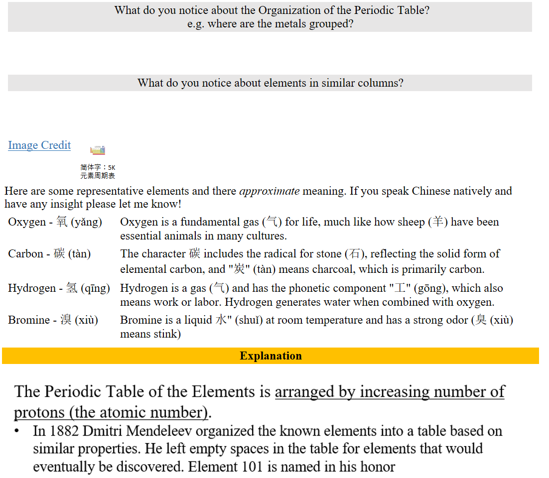 
 What do you notice about the Organization of the Periodic Table?
e.g. where are the metals grouped?
 
 

What do you notice about elements in similar columns?


              
﷟HYPERLINK "https://www.reddit.com/r/ChineseLanguage/comments/mhte8s/i_made_a_chineseenglish_bilingual_periodic_table/"Image Credit 
Here are some representative elements and there approximate meaning. If you speak Chinese natively and have any insight please let me know!
Oxygen - 氧 (yǎng)
Oxygen is a fundamental gas (气) for life, much like how sheep (羊) have been essential animals in many cultures.
Carbon - 碳 (tàn)
The character 碳 includes the radical for stone (石), reflecting the solid form of elemental carbon, and "炭" (tàn) means charcoal, which is primarily carbon.
Hydrogen - 氢 (qīng)
Hydrogen is a gas (气) and has the phonetic component "工" (gōng), which also means work or labor. Hydrogen generates water when combined with oxygen.
Bromine - 溴 (xiù)
Bromine is a liquid 水" (shuǐ) at room temperature and has a strong odor (臭 (xiù) means stink)
Explanation

Untitled picture.png The Periodic Table of the Elements is arranged by increasing number of 
protons (the atomic number). 
In 1882 Dmitri Mendeleev organized the known elements into a table based on 
similar properties. He left empty spaces in the table for elements that would 
eventually be discovered. Element 101 is named in his honor 
Rows: "Periods" or "Shells" 
Columns: "Groups" or "Families" 
Elements in the same group form similar ions and have similar chemical properties 
Typical 
Properties 
States at 
Standard 
Conditions 
(25 oc, 1 atm) 
Categories 
Metals 
Gas: 
Liquid: 
Solid: 
Alkali Metals 
OAlkaline Ealth Metals 
O Transition Metals 
Non-Metais 
Olnner-Transition 
Metals 
00ther Metals 
O(Semi-Metals) 
Gas: Liquid: 
Solid: 
OHydrogen 
ONoble Gases 
O Halogens 
O Other Non-Metals 
5 
