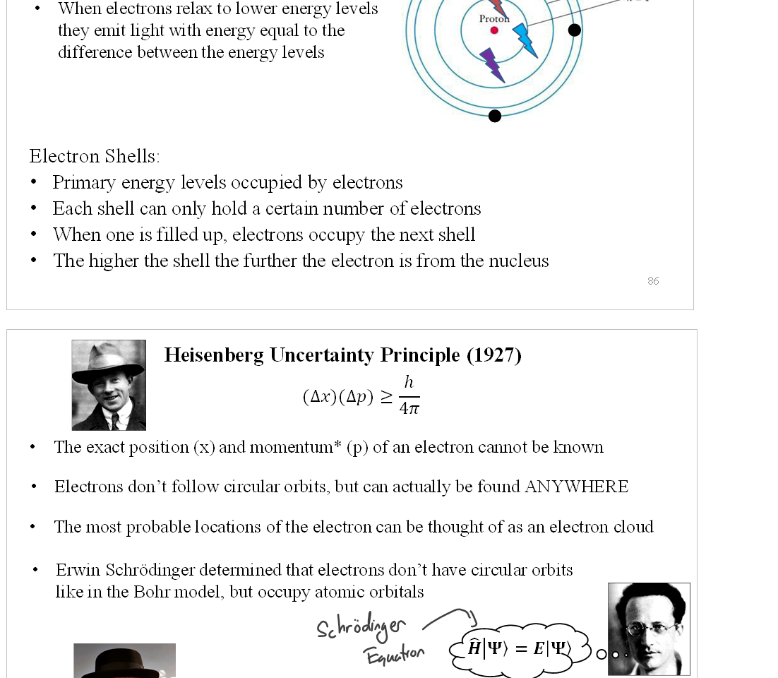 Untitled picture.emf Bohr Model (1913) 
Niels Bohr proposed that the electrons orbi ted the nucleus at 
specific, dscrete (quantized) energy levels (n = 1 
As electrons are excited, they jump to 
higher energy levels. 
WIIen electrons relax to lower energy levels 
they ennt light with energy equal to the 
(Efference between the energy I evels 
Electron Shells: 
Pruna1Y energy levels occupied by electrons 
Each shell can only hold a catam number of electrons 
• one is filled up, electrons occupy the next shell 
The higher the shell the fulther the electron is from the nucleus 

Untitled picture.emf Heisenberg Uncertainty Principle (1927) 
(Ax) (AP) 
Ille exact position (x) and momentum4: (p) of an electron cannot be Imown 
Electrons don't follow circular orbits, but can actually be found ANYWHERE 
Ille most probable locations ofthe electron can be thought of as an electron cloud 
Elwin Schrödinger detennmed that electrons don't have circular orbits 
like in the Bohr model, but occupy atom c orbitals 
o 
Atomic Orbitals are regions of space where 
electrons are likely to be found 
waiter White 
'Heisenberg" 
p = mv 
Ink Drawings
Ink Drawings
Ink Drawings
Ink Drawings
Ink Drawings
Ink Drawings
Ink Drawings
Ink Drawings
Ink Drawings
Ink Drawings
Ink Drawings
Ink Drawings
Ink Drawings
Ink Drawings
Ink Drawings
Ink Drawings
Ink Drawings
Ink Drawings
Ink Drawings
Ink Drawings
Ink Drawings
Ink Drawings
Ink Drawings
Ink Drawings
Ink Drawings
Ink Drawings
Ink Drawings
