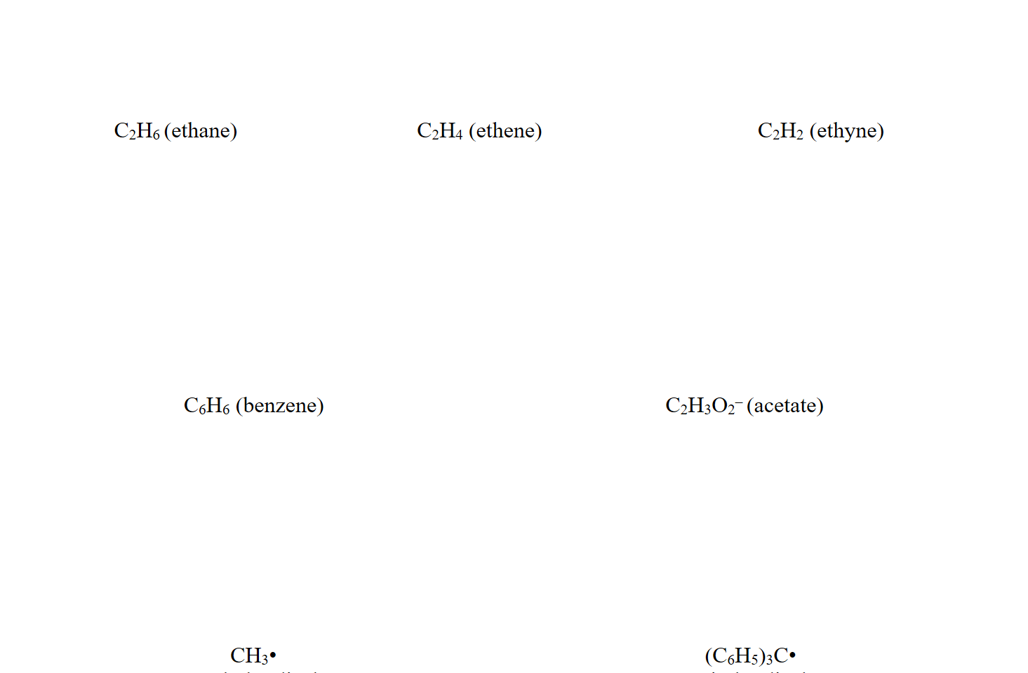 











C2H6 (ethane)









C2H4 (ethene)
C2H2 (ethyne)

C6H6 (benzene)








C2H3O2– (acetate)

CH3• 
(methyl radical)
 (C6H5)3C•
Trityl radical 

