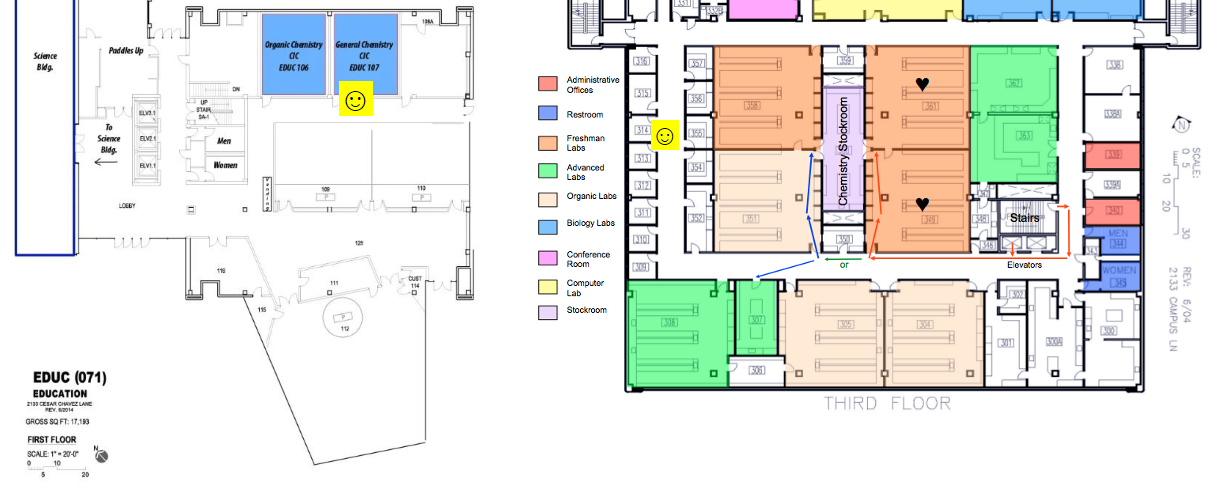 CIC Map.JPG Babe Rwe' 
Pddks 
EDUC (071) 
EDUCATION 
GROSS SO FT; 17.183 
FIRST FLOOR 
Chemistry 3rd Floor.png CN 2_! 」 L2_J 
Chemistry Computer Lab 
Administrative 
丨 3 
一 E00 00 一 S 一 Luauo 
Freshman 
Labs 
SCALE: 
Advanced 
Labs 
1 0 20 
〔 〔 〕 0 a Labs 
Ele 0 「 S 
2133 CAMPUS LN 
ㄇ 凵 
T R D 
FLOOR 
☺
☺
♥
♥
Δ
