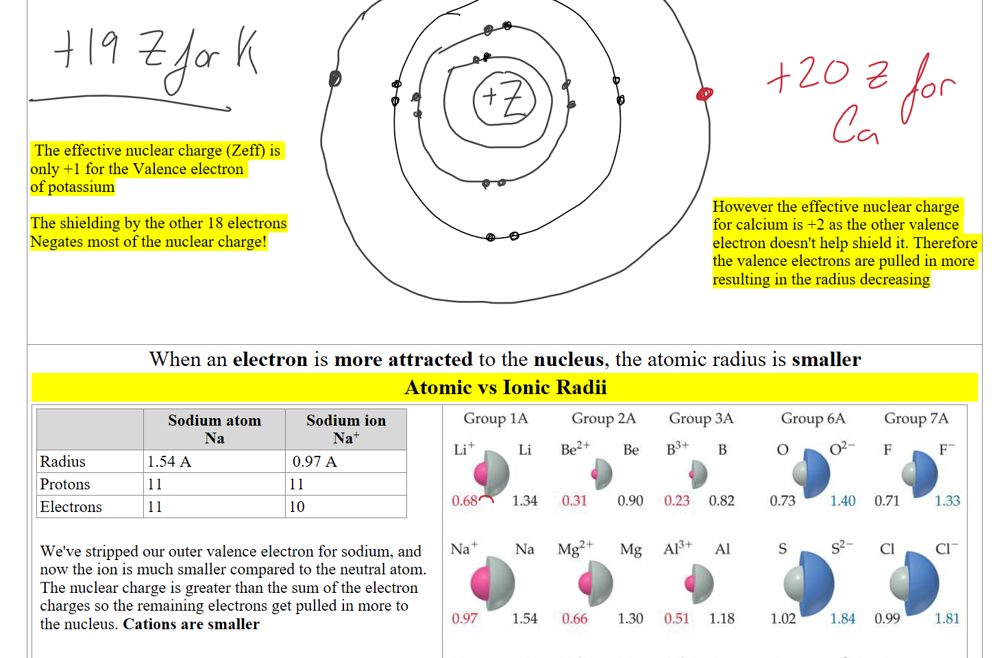 










 The effective nuclear charge (Zeff) is 
only +1 for the Valence electron 
of potassium

The shielding by the other 18 electrons
Negates most of the nuclear charge!







When an electron is more attracted to the nucleus, the atomic radius is smaller
Atomic vs Ionic Radii

Sodium atom
Na
Sodium ion
Na+
Radius
1.54 A
 0.97 A
Protons
11
11
Electrons
11
10

We've stripped our outer valence electron for sodium, and now the ion is much smaller compared to the neutral atom. The nuclear charge is greater than the sum of the electron charges so the remaining electrons get pulled in more to the nucleus. Cations are smaller


Untitled picture.emf Group IA 
Group 2A 
Group 3A 
133+ B 
0.23 082 
A13+ Al 
0.51 1.18 
Ga3• Ga 
0.62 126 
In3+ In 
0.81 1.44 
Group 6A 
Group 7A 
0.68 
Li 
1.34 
Be2+ 
0.31 
Mg2• 
Be 
0.90 
o 
0.73 
02 ¯ 
1.40 
0.71 
1.33 
0.97 1.54 
1.33 1.96 
Rb 
2.11 
1.47 
Mg 
0.66 1.30 
0.99 1.74 
Sr2+ Sr 
1.13 
1.92 
1.02 184 
Se se2- 
1.16 
1.98 
1.35 
2.21 
1.81 
1.14 
1.96 
1.33 
2.20 
Ink Drawings
Ink Drawings
Ink Drawings
Ink Drawings
Ink Drawings
Ink Drawings
Ink Drawings
Ink Drawings
Ink Drawings
Ink Drawings
Ink Drawings
Ink Drawings
Ink Drawings
Ink Drawings
Ink Drawings
Ink Drawings
Ink Drawings
Ink Drawings
Ink Drawings
Ink Drawings
Ink Drawings
Ink Drawings
Ink Drawings
Ink Drawings
Ink Drawings
Ink Drawings
Ink Drawings
Ink Drawings
Ink Drawings
Ink Drawings
Ink Drawings
Ink Drawings
Ink Drawings
Ink Drawings
Ink Drawings
Ink Drawings
Ink Drawings
Ink Drawings
Ink Drawings
Ink Drawings
Ink Drawings
Ink Drawings
Ink Drawings
Ink Drawings
Ink Drawings
However the effective nuclear charge for calcium is +2 as the other valence electron doesn't help shield it. Therefore the valence electrons are pulled in more resulting in the radius decreasing
Ink Drawings
Ink Drawings
Ink Drawings
Ink Drawings
Ink Drawings
Ink Drawings
Ink Drawings
Ink Drawings
Ink Drawings
Ink Drawings
Ink Drawings
Ink Drawings
