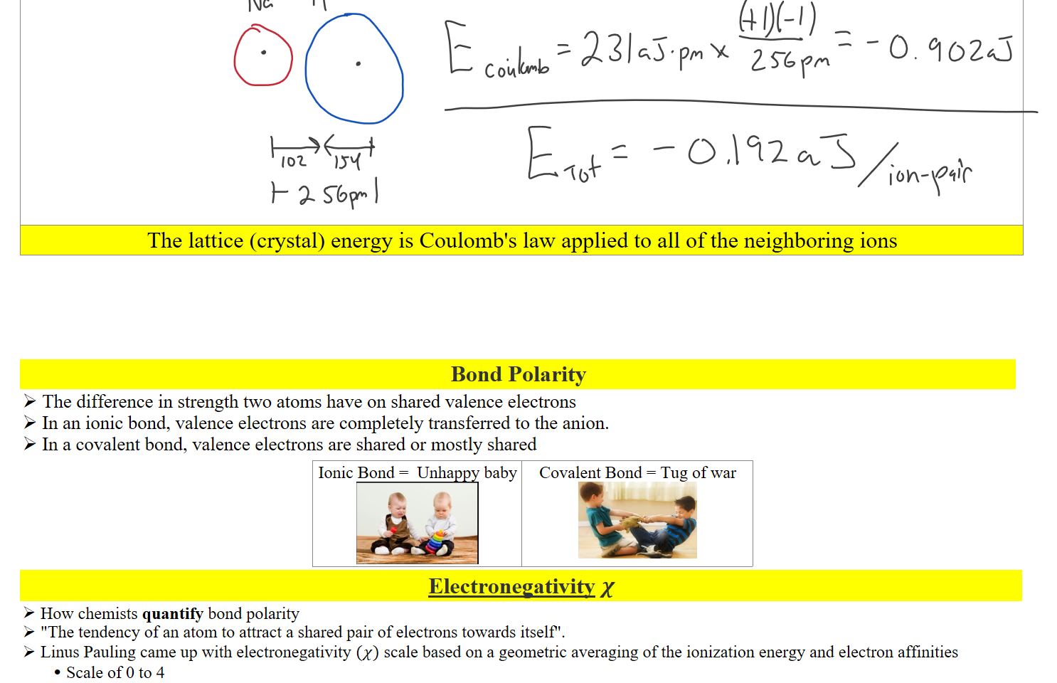 











The lattice (crystal) energy is Coulomb's law applied to all of the neighboring ions




Bond Polarity
The difference in strength two atoms have on shared valence electrons
In an ionic bond, valence electrons are completely transferred to the anion. 
In a covalent bond, valence electrons are shared or mostly shared
Ionic Bond =  Unhappy baby
Untitled picture.png 
Covalent Bond = Tug of war
Untitled picture.png 
﷟HYPERLINK "https://ptable.com/#Properties/Electronegativity"Electronegativity 𝝌
How chemists quantify bond polarity
"The tendency of an atom to attract a shared pair of electrons towards itself".
Linus Pauling came up with electronegativity (𝜒) scale based on a geometric averaging of the ionization energy and electron affinities
Scale of 0 to 4
Ink Drawings
Ink Drawings
Ink Drawings
Ink Drawings
Ink Drawings
Ink Drawings
Ink Drawings
Ink Drawings
Ink Drawings
Ink Drawings
Ink Drawings
Ink Drawings
Ink Drawings
Ink Drawings
Ink Drawings
Ink Drawings
Ink Drawings
Ink Drawings
Ink Drawings
Ink Drawings
Ink Drawings
Ink Drawings
Ink Drawings
Ink Drawings
Ink Drawings
Ink Drawings
Ink Drawings
Ink Drawings
Ink Drawings
Ink Drawings
Ink Drawings
Ink Drawings
Ink Drawings
Ink Drawings
Ink Drawings
Ink Drawings
Ink Drawings
Ink Drawings
Ink Drawings
Ink Drawings
Ink Drawings
Ink Drawings
Ink Drawings
Ink Drawings
Ink Drawings
Ink Drawings
Ink Drawings
Ink Drawings
Ink Drawings
Ink Drawings
Ink Drawings
Ink Drawings
Ink Drawings
Ink Drawings
Ink Drawings
Ink Drawings
Ink Drawings
Ink Drawings
Ink Drawings
Ink Drawings
Ink Drawings
Ink Drawings
Ink Drawings
Ink Drawings
Ink Drawings
Ink Drawings
Ink Drawings
Ink Drawings
Ink Drawings
Ink Drawings
Ink Drawings
Ink Drawings
Ink Drawings
Ink Drawings
Ink Drawings
Ink Drawings
Ink Drawings
Ink Drawings
Ink Drawings
Ink Drawings
Ink Drawings
Ink Drawings
Ink Drawings
Ink Drawings
Ink Drawings
Ink Drawings
Ink Drawings
Ink Drawings
Ink Drawings
Ink Drawings
Ink Drawings
Ink Drawings
Ink Drawings
Ink Drawings
Ink Drawings
Ink Drawings
Ink Drawings
Ink Drawings
Ink Drawings
Ink Drawings
Ink Drawings
Ink Drawings
Ink Drawings
Ink Drawings
Ink Drawings
Ink Drawings
Ink Drawings
Ink Drawings
Ink Drawings
Ink Drawings
Ink Drawings
Ink Drawings
Ink Drawings
Ink Drawings
Ink Drawings
Ink Drawings
Ink Drawings
Ink Drawings
Ink Drawings
Ink Drawings
