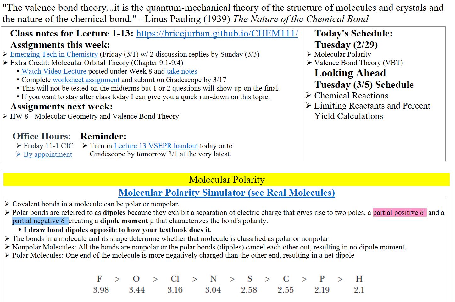 "The valence bond theory...it is the quantum-mechanical theory of the structure of molecules and crystals and the nature of the chemical bond." - Linus Pauling (1939) The Nature of the Chemical Bond
Class notes for Lecture 1-13: https://bricejurban.github.io/CHEM111/
Assignments this week:
﷟HYPERLINK "https://boisestatecanvas.instructure.com/courses/28699/assignments/993257"Emerging Tech in Chemistry (Friday (3/1) w/ 2 discussion replies by Sunday (3/3)
Extra Credit: Molecular Orbital Theory (Chapter 9.1-9.4) 
﷟HYPERLINK "https://boisestatecanvas.instructure.com/courses/28699/modules/items/3011884"Watch Video Lecture posted under Week 8 and ﷟HYPERLINK "https://boisestatecanvas.instructure.com/courses/28699/modules/items/3011885"take notes 
Complete ﷟HYPERLINK "https://boisestatecanvas.instructure.com/courses/28699/modules/items/3011889"worksheet assignment and submit on Gradescope by 3/17
This will not be tested on the midterms but 1 or 2 questions will show up on the final.
If you want to stay after class today I can give you a quick run-down on this topic.
Assignments next week:
HW 8 - Molecular Geometry and Valence Bond Theory

Office Hours: 
Friday 11-1 CIC 
﷟HYPERLINK "https://calendly.com/bricejurban/office-hours"By appointment
 Reminder: 
Turn in ﷟HYPERLINK "https://boisestatecanvas.instructure.com/courses/28699/modules/items/3003193"Lecture 13 VSEPR handout today or to Gradescope by tomorrow 3/1 at the very latest.
Today's Schedule:
Tuesday (2/29)
Molecular Polarity
Valence Bond Theory (VBT)
Looking Ahead
Tuesday (3/5) Schedule
Chemical Reactions
Limiting Reactants and Percent Yield Calculations

Molecular Polarity
﷟HYPERLINK "https://phet.colorado.edu/sims/cheerpj/molecule-polarity/latest/molecule-polarity.html?simulation=molecule-polarity"Molecular Polarity Simulator (see Real Molecules)
Covalent bonds in a molecule can be polar or nonpolar.
Polar bonds are referred to as dipoles because they exhibit a separation of electric charge that gives rise to two poles, a partial positive δ+ and a partial negative δ− creating a dipole moment μ that characterizes the bond's polarity.
I draw bond dipoles opposite to how your textbook does it.
The bonds in a molecule and its shape determine whether that molecule is classified as polar or nonpolar
Nonpolar Molecules: All the bonds are nonpolar or the polar bonds (dipoles) cancel each other out, resulting in no dipole moment.
Polar Molecules: One end of the molecule is more negatively charged than the other end, resulting in a net dipole

Untitled picture.png > 
3.98 
3.44 
Cl 
3.16 
> 
N 
3.04 
> 
S 
2.58 
> 
C 
2.55 
> 
P 
2.19 
> 
H 
2.1 

