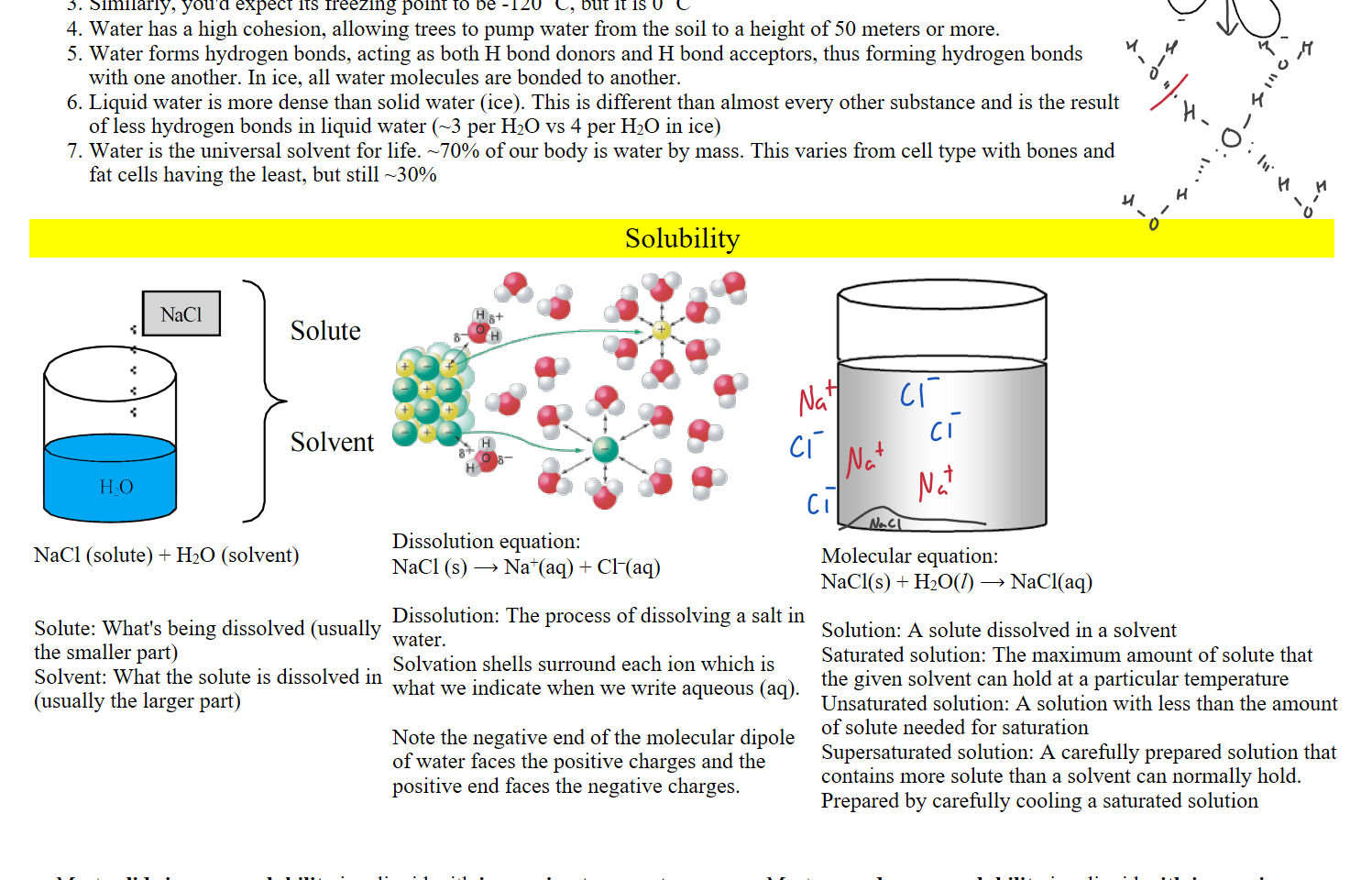 Similarly, you'd expect its freezing point to be -120 °C, but it is 0 °C
Water has a high cohesion, allowing trees to pump water from the soil to a height of 50 meters or more.
Water forms hydrogen bonds, acting as both H bond donors and H bond acceptors, thus forming hydrogen bonds with one another. In ice, all water molecules are bonded to another.
Liquid water is more dense than solid water (ice). This is different than almost every other substance and is the result of less hydrogen bonds in liquid water (~3 per H2O vs 4 per H2O in ice)
Water is the universal solvent for life. ~70% of our body is water by mass. This varies from cell type with bones and fat cells having the least, but still ~30%
Untitled picture.png 


Solubility 
Solute Solvent.png NaC1 
HO 
Solute 
Solvent 
NaCl (solute) + H2O (solvent)


Solute: What's being dissolved (usually the smaller part)
Solvent: What the solute is dissolved in (usually the larger part)

Untitled picture.png 들;이이 
이 후 2월) 
Dissolution equation:
NaCl (s) ⟶ Na+(aq) + Cl–(aq)

Dissolution: The process of dissolving a salt in water.
Solvation shells surround each ion which is what we indicate when we write aqueous (aq).

Note the negative end of the molecular dipole of water faces the positive charges and the positive end faces the negative charges.
Untitled picture.png 
Molecular equation:
NaCl(s) + H2O(l) ⟶ NaCl(aq)

Solution: A solute dissolved in a solvent
Saturated solution: The maximum amount of solute that the given solvent can hold at a particular temperature
Unsaturated solution: A solution with less than the amount of solute needed for saturation
Supersaturated solution: A carefully prepared solution that contains more solute than a solvent can normally hold. Prepared by carefully cooling a saturated solution


 Most solids increase solubility in a liquid with increasing temperature
  Most gases decrease solubility in a liquid with increasing temperature
Ink Drawings
Ink Drawings
Ink Drawings
Ink Drawings
Ink Drawings
Ink Drawings
Ink Drawings
Ink Drawings
Ink Drawings
Ink Drawings
Ink Drawings
Ink Drawings
Ink Drawings
Ink Drawings
Ink Drawings
Ink Drawings
Ink Drawings
Ink Drawings
Ink Drawings
Ink Drawings
Ink Drawings
Ink Drawings
Ink Drawings
Ink Drawings
Ink Drawings
Ink Drawings
Ink Drawings
Ink Drawings
Ink Drawings
Ink Drawings
Ink Drawings
Ink Drawings
Ink Drawings
Ink Drawings
Ink Drawings
Ink Drawings
Ink Drawings
Ink Drawings
Ink Drawings
Ink Drawings
Ink Drawings
Ink Drawings
Ink Drawings
Ink Drawings
Ink Drawings
Ink Drawings
Ink Drawings
Ink Drawings
Ink Drawings
Ink Drawings
Ink Drawings
Ink Drawings
Ink Drawings
Ink Drawings
Ink Drawings
Ink Drawings
Ink Drawings
Ink Drawings
Ink Drawings
Ink Drawings
Ink Drawings
Ink Drawings
Ink Drawings
Ink Drawings
Ink Drawings
Ink Drawings
Ink Drawings
Ink Drawings
Ink Drawings
Ink Drawings
Ink Drawings
Ink Drawings
Ink Drawings
Ink Drawings
Ink Drawings
Ink Drawings
Ink Drawings
Ink Drawings
Ink Drawings
Ink Drawings
Ink Drawings
Ink Drawings
Ink Drawings
Ink Drawings
Ink Drawings
Ink Drawings
Ink Drawings
Ink Drawings
