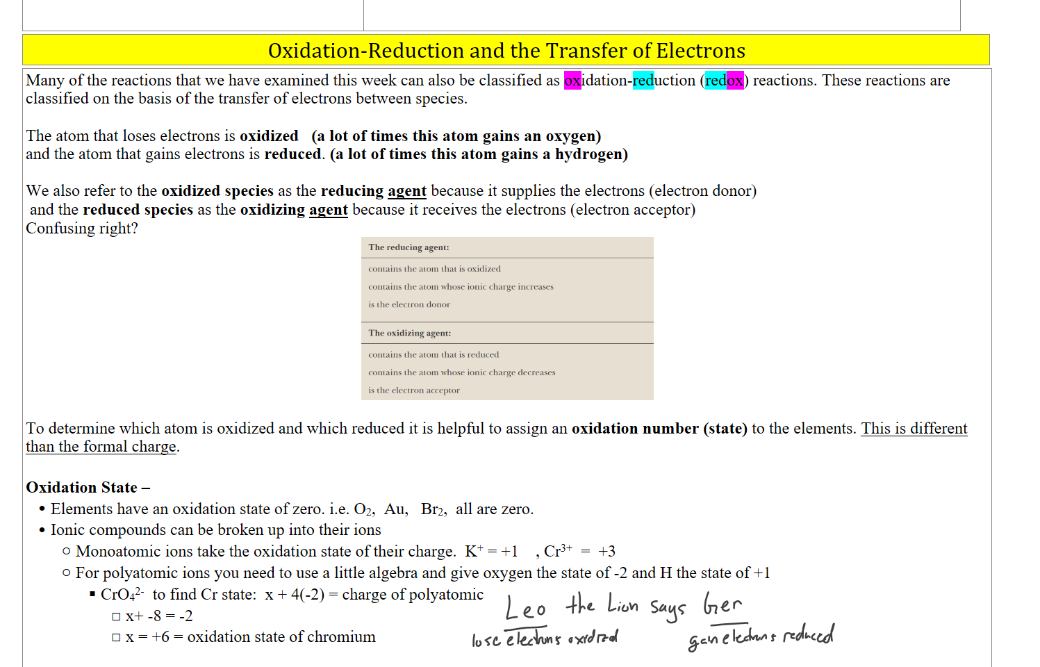 Untitled picture.png Metal 
Lithium 
Potassium 
Barium 
Calcium 
Sodium 
Magnesium 
Aluminum 
Manganese 
Zinc 
Chromium 
Iron 
Cadmium 
Cobalt 
Nickel 
Tin 
Lead 
Hydrogen 
Copper 
Silver 
Mercury 
Platinum 
Gold 
Oxidation Reaction 
Li(s) -4 + e- 
Ba(s) -4 + 2e- 
Ca(s) + 2e- 
Na(s) Nat(aq) + e- 
Mg(s) -+ Mg2+(aq) + 2e 
Al(s) -+ Al" (aq) + 3e- 
Mn(s) -4 Mn2t(aq) + 2e- 
Zn(s) -4 + 2e- 
cr(s) + 3e 
Fe(s) -4 + 2e- 
Cd(s) -4 Cd2t(aq) + 2e- 
co(s) -4 + 2e- 
Ni(s) -4 + 2e- 
Sn(s) -9 Sn2+(aq) + 2e- 
Pb(s) -4 Pb2+(aq) + 2e- 
H2(g) -+ + 2e- 
Cu(s) -i Cu2+(aq) + 2e 
Ag(s) —+ + e- 
Hg(l) -4 Hg2+(aq) + 2e- 
Au(s) -4 Au3+(aq) + 3e- 
Halogens 
C12 
Br2 
o 
o 

Oxidation-Reduction and the Transfer of Electrons
Many of the reactions that we have examined this week can also be classified as oxidation-reduction (redox) reactions. These reactions are classified on the basis of the transfer of electrons between species.

The atom that loses electrons is oxidized   (a lot of times this atom gains an oxygen)
and the atom that gains electrons is reduced. (a lot of times this atom gains a hydrogen)

We also refer to the oxidized species as the reducing agent because it supplies the electrons (electron donor)
 and the reduced species as the oxidizing agent because it receives the electrons (electron acceptor)
Confusing right?
Untitled picture.png The reducing agent: 
contains the atom that is oxidized 
contains the atom whose ionic charge increases 
is the electron donor 
The oxidizing agent: 
contains the atom that is reduced 
contains the atom whose ionic charge decreases 
is the electron acceptor 

To determine which atom is oxidized and which reduced it is helpful to assign an oxidation number (state) to the elements. This is different than the formal charge. 

Oxidation State –
Elements have an oxidation state of zero. i.e. O2,  Au,   Br2,  all are zero.
Ionic compounds can be broken up into their ions
Monoatomic ions take the oxidation state of their charge.  K+ = +1    , Cr3+  =  +3
For polyatomic ions you need to use a little algebra and give oxygen the state of -2 and H the state of +1
CrO42-  to find Cr state:  x + 4(-2) = charge of polyatomic       
x+ -8 = -2     
x = +6 = oxidation state of chromium

For the following, lets find the oxidized atom, reduced atom, oxidizing agent, reducing agent, and the total number of electrons transferred
Ink Drawings
Ink Drawings
Ink Drawings
Ink Drawings
Ink Drawings
Ink Drawings
Ink Drawings
Ink Drawings
Ink Drawings
Ink Drawings
Ink Drawings
Ink Drawings
Ink Drawings
Ink Drawings
Ink Drawings
Ink Drawings
Ink Drawings
Ink Drawings
Ink Drawings
Ink Drawings
Ink Drawings
Ink Drawings
Ink Drawings
Ink Drawings
Ink Drawings
Ink Drawings
Ink Drawings
Ink Drawings
Ink Drawings
Ink Drawings
Ink Drawings
Ink Drawings
Ink Drawings
Ink Drawings
Ink Drawings
Ink Drawings
Ink Drawings
Ink Drawings
Ink Drawings
Ink Drawings
Ink Drawings
Ink Drawings
Ink Drawings
Ink Drawings
Ink Drawings
Ink Drawings
Ink Drawings
Ink Drawings
Ink Drawings
Ink Drawings
Ink Drawings
Ink Drawings
Ink Drawings
Ink Drawings
Ink Drawings
Ink Drawings
Ink Drawings
Ink Drawings
Ink Drawings
Ink Drawings
Ink Drawings
Ink Drawings
Ink Drawings
Ink Drawings
Ink Drawings
Ink Drawings
Ink Drawings
Ink Drawings
