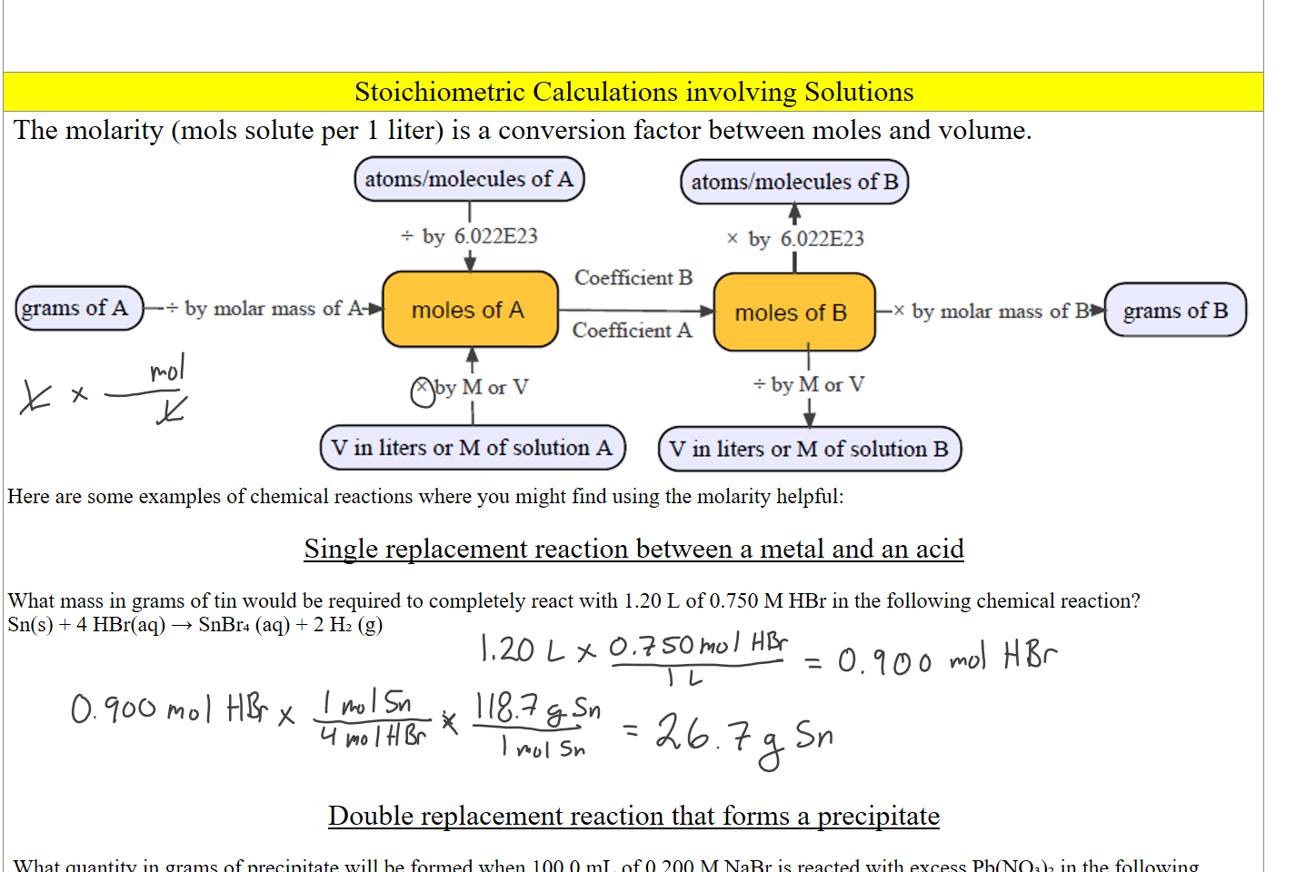 

Stoichiometric Calculations involving Solutions
 The molarity (mols solute per 1 liter) is a conversion factor between moles and volume. 
Untitled picture.png Machine generated alternative text:
atoms/molecules of A 
atoms/molecules of B 
x by 6_022E23 
grams of A 
. by molar mass of A 
. by 6022E23 
moles of A 
x by M or V 
Coeffcient B 
Coefficient A 
moles of B 
+byM0TV 
x by molar mass of 
grams of B 
V in liters or M of solution A 
V in liters or M of solution B 
Here are some examples of chemical reactions where you might find using the molarity helpful:

Single replacement reaction between a metal and an acid 

What mass in grams of tin would be required to completely react with 1.20 L of 0.750 M HBr in the following chemical reaction?
Sn(s) + 4 HBr(aq) → SnBr₄ (aq) + 2 H₂ (g)









Double replacement reaction that forms a precipitate

 What quantity in grams of precipitate will be formed when 100.0 mL of 0.200 M NaBr is reacted with excess Pb(NO₃)₂ in the following chemical reaction?
Ink Drawings
Ink Drawings
Ink Drawings
Ink Drawings
Ink Drawings
Ink Drawings
Ink Drawings
Ink Drawings
Ink Drawings
Ink Drawings
Ink Drawings
Ink Drawings
Ink Drawings
Ink Drawings
Ink Drawings
Ink Drawings
Ink Drawings
Ink Drawings
Ink Drawings
Ink Drawings
Ink Drawings
Ink Drawings
Ink Drawings
Ink Drawings
Ink Drawings
Ink Drawings
Ink Drawings
Ink Drawings
Ink Drawings
Ink Drawings
Ink Drawings
Ink Drawings
Ink Drawings
Ink Drawings
Ink Drawings
Ink Drawings
Ink Drawings
Ink Drawings
Ink Drawings
Ink Drawings
Ink Drawings
Ink Drawings
Ink Drawings
Ink Drawings
Ink Drawings
Ink Drawings
Ink Drawings
Ink Drawings
Ink Drawings
Ink Drawings
Ink Drawings
Ink Drawings
Ink Drawings
Ink Drawings
Ink Drawings
Ink Drawings
Ink Drawings
Ink Drawings
Ink Drawings
Ink Drawings
Ink Drawings
Ink Drawings
Ink Drawings
Ink Drawings
Ink Drawings
Ink Drawings
Ink Drawings
Ink Drawings
Ink Drawings
Ink Drawings
Ink Drawings
Ink Drawings
Ink Drawings
Ink Drawings
Ink Drawings
Ink Drawings
Ink Drawings
Ink Drawings
Ink Drawings
Ink Drawings
Ink Drawings
Ink Drawings
Ink Drawings
Ink Drawings
Ink Drawings
Ink Drawings
Ink Drawings
Ink Drawings
Ink Drawings
Ink Drawings
Ink Drawings
Ink Drawings
Ink Drawings
Ink Drawings
Ink Drawings
Ink Drawings
Ink Drawings
Ink Drawings
Ink Drawings
Ink Drawings
Ink Drawings
Ink Drawings
Ink Drawings
Ink Drawings
Ink Drawings
Ink Drawings
Ink Drawings
Ink Drawings
Ink Drawings
Ink Drawings
Ink Drawings
Ink Drawings
Ink Drawings
Ink Drawings
Ink Drawings
Ink Drawings
Ink Drawings
Ink Drawings
Ink Drawings
Ink Drawings
