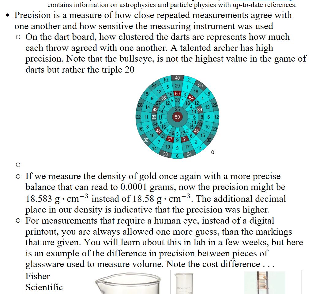 side note 2: My favorite reference manual is that put out by the ﷟HYPERLINK "https://pdg.lbl.gov/"Particle Data Group. It contains information on astrophysics and particle physics with up-to-date references.
Precision is a measure of how close repeated measurements agree with one another and how sensitive the measuring instrument was used
On the dart board, how clustered the darts are represents how much each throw agreed with one another. A talented archer has high precision. Note that the bullseye, is not the highest value in the game of darts but rather the triple 20
1024px-Dartboard_heatmap.svg.png undefined

If we measure the density of gold once again with a more precise balance that can read to 0.0001 grams, now the precision might be 18.583 g∙﷐cm﷮−3﷯ instead of 18.58 g∙﷐cm﷮−3﷯. The additional decimal place in our density is indicative that the precision was higher. 
For measurements that require a human eye, instead of a digital printout, you are always allowed one more guess, than the markings that are given. You will learn about this in lab in a few weeks, but here is an example of the difference in precision between pieces of glassware used to measure volume. Note the cost difference . . .
Fisher
Scientific
Glassware
Untitled picture.png 
Untitled picture.png 
Untitled picture.png 
