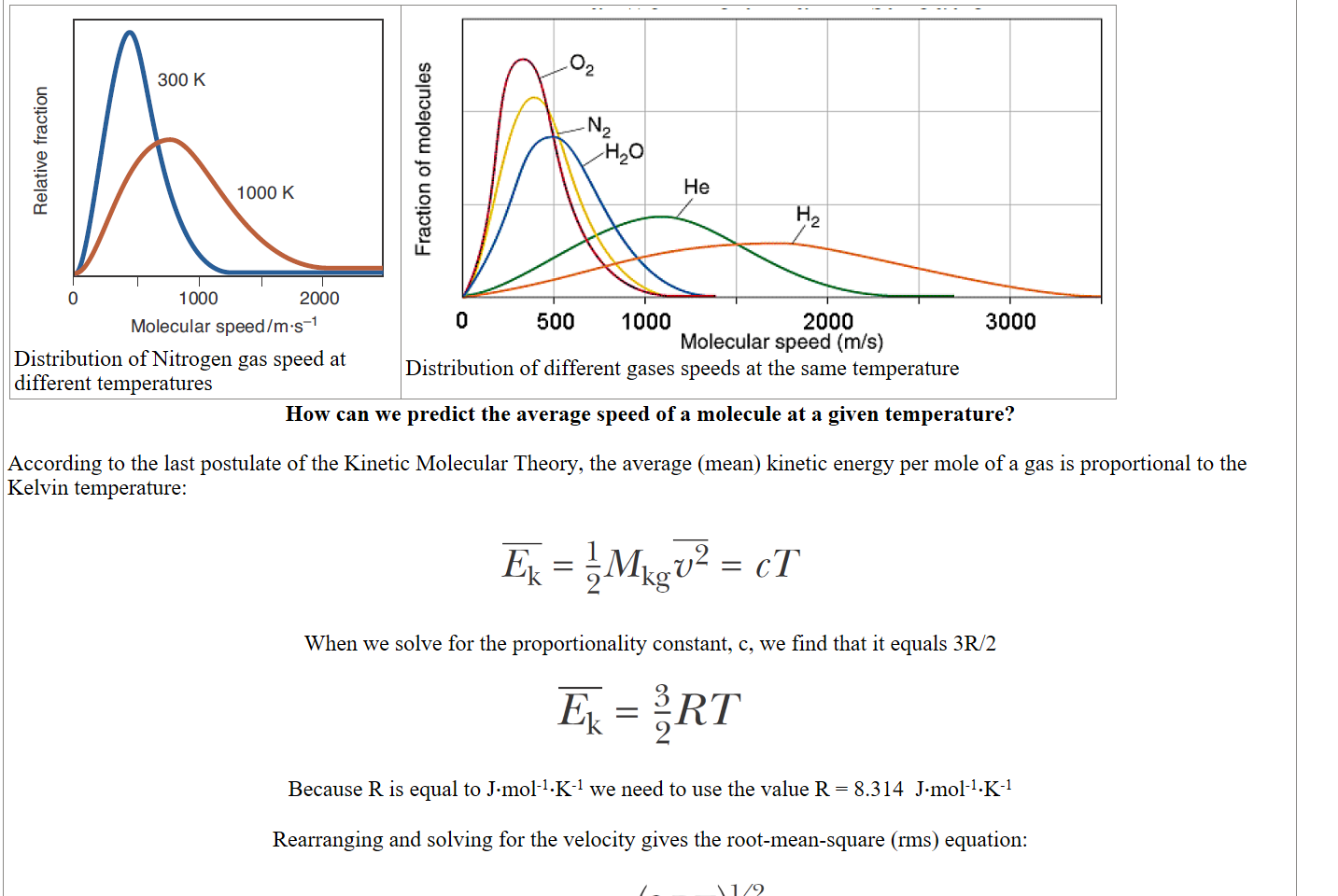 
Untitled picture.png 300 K 
1000 K 
1000 
2000 
Molecular speed/m•s-l 
Distribution of Nitrogen gas speed at
different temperatures
Untitled picture.png 500 
1 ooo 
2000 
Molecular speed (m/s) 
3000 
Distribution of different gases speeds at the same temperature
How can we predict the average speed of a molecule at a given temperature?

According to the last postulate of the Kinetic Molecular Theory, the average (mean) kinetic energy per mole of a gas is proportional to the Kelvin temperature:

Untitled picture.png 

When we solve for the proportionality constant, c, we find that it equals 3R/2

Untitled picture.png 

Because R is equal to J∙mol-1∙K-1 we need to use the value R = 8.314  J∙mol-1∙K-1 

Rearranging and solving for the velocity gives the root-mean-square (rms) equation: 

Untitled picture.png Vrms 
BRT 
Mkg 
