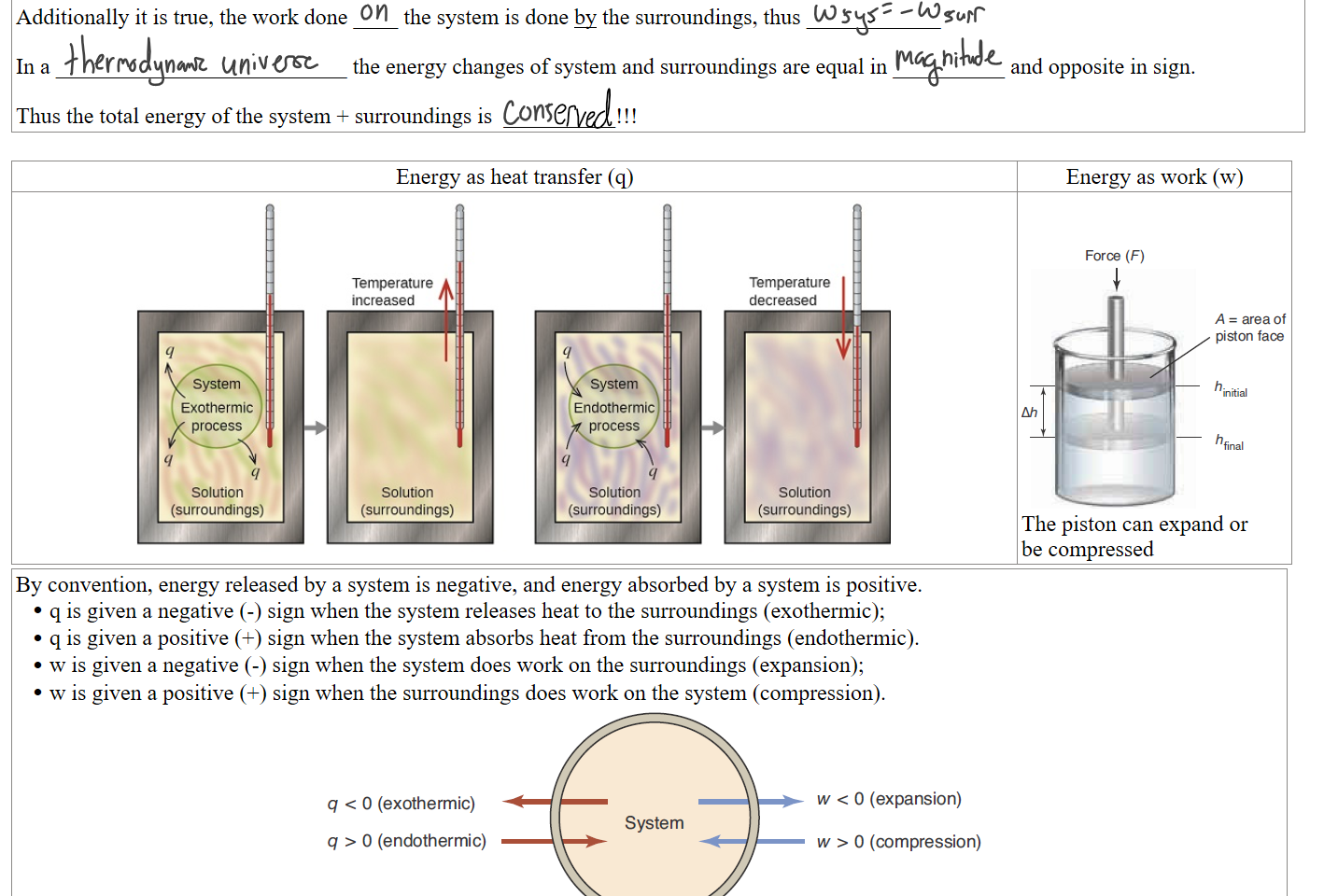 
Additionally it is true, the work done ____ the system is done by the surroundings, thus ____________

In a __________________________ the energy changes of system and surroundings are equal in __________ and opposite in sign. 

Thus the total energy of the system + surroundings is  __________!!!

Energy as heat transfer (q)
Energy as work (w)
Untitled picture.png Machine generated alternative text:
q 
System 
Exothermic 
process 
Solution 
(surroundings) 
Temperature 
increased 
Solution 
(surroundings) 
q 
System 
Endothermic 
process 
q 
q 
Solution 
(surroundings) 
Temperature 
decreased 
Solution 
(surroundings) 
 

Untitled picture.png Machine generated alternative text:
Force (F) 
A = area Of 
face 
mal 
The piston can expand or
be compressed
By convention, energy released by a system is negative, and energy absorbed by a system is positive.
q is given a negative (-) sign when the system releases heat to the surroundings (exothermic); 
q is given a positive (+) sign when the system absorbs heat from the surroundings (endothermic).
w is given a negative (-) sign when the system does work on the surroundings (expansion); 
w is given a positive (+) sign when the surroundings does work on the system (compression).
Untitled picture.png Machine generated alternative text:
q < O (exothermic) 
q > O (endothermic) 
w < O (expansion) 
System 
w > O (compression) 
Surroundings 
Ink Drawings
Ink Drawings
Ink Drawings
Ink Drawings
Ink Drawings
Ink Drawings
Ink Drawings
Ink Drawings
Ink Drawings
Ink Drawings
Ink Drawings
Ink Drawings
Ink Drawings
Ink Drawings
Ink Drawings
Ink Drawings
Ink Drawings
Ink Drawings
Ink Drawings
Ink Drawings
Ink Drawings
Ink Drawings
Ink Drawings
Ink Drawings
Ink Drawings
Ink Drawings
Ink Drawings
Ink Drawings
Ink Drawings
Ink Drawings
Ink Drawings
Ink Drawings
Ink Drawings
Ink Drawings
Ink Drawings
Ink Drawings
Ink Drawings
Ink Drawings
Ink Drawings
Ink Drawings
Ink Drawings
Ink Drawings
Ink Drawings
Ink Drawings
Ink Drawings
Ink Drawings
Ink Drawings
Ink Drawings
Ink Drawings
Ink Drawings
Ink Drawings
Ink Drawings
Ink Drawings
Ink Drawings
Ink Drawings
