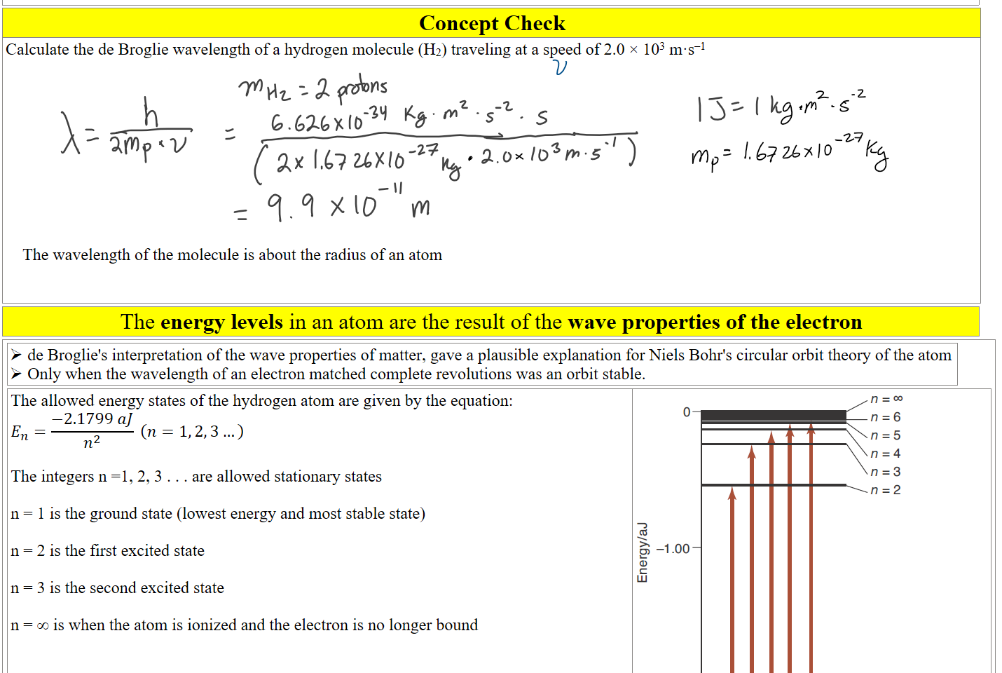 
Concept Check
Calculate the de Broglie wavelength of a hydrogen molecule (H2) traveling at a speed of 2.0 × 103 m·s–1









  
    The wavelength of the molecule is about the radius of an atom


The energy levels in an atom are the result of the wave properties of the electron
de Broglie's interpretation of the wave properties of matter, gave a plausible explanation for Niels Bohr's circular orbit theory of the atom
Only when the wavelength of an electron matched complete revolutions was an orbit stable. 
The allowed energy states of the hydrogen atom are given by the equation:﷐𝐸﷮𝑛﷯=﷐−2.1799 𝑎𝐽﷮﷐𝑛﷮2﷯﷯ ﷐𝑛=1, 2, 3…﷯

The integers n =1, 2, 3 . . . are allowed stationary states

n = 1 is the ground state (lowest energy and most stable state)

n = 2 is the first excited state

n = 3 is the second excited state

n = ∞ is when the atom is ionized and the electron is no longer bound



Untitled picture.png 0 
-2.00 
n=6 
n=5 
n=3 
Ink Drawings
Ink Drawings
Ink Drawings
Ink Drawings
Ink Drawings
Ink Drawings
Ink Drawings
Ink Drawings
Ink Drawings
Ink Drawings
Ink Drawings
Ink Drawings
Ink Drawings
Ink Drawings
Ink Drawings
Ink Drawings
Ink Drawings
Ink Drawings
Ink Drawings
Ink Drawings
Ink Drawings
Ink Drawings
Ink Drawings
Ink Drawings
Ink Drawings
Ink Drawings
Ink Drawings
Ink Drawings
Ink Drawings
Ink Drawings
Ink Drawings
Ink Drawings
Ink Drawings
Ink Drawings
Ink Drawings
Ink Drawings
Ink Drawings
Ink Drawings
Ink Drawings
Ink Drawings
Ink Drawings
Ink Drawings
Ink Drawings
Ink Drawings
Ink Drawings
Ink Drawings
Ink Drawings
Ink Drawings
Ink Drawings
Ink Drawings
Ink Drawings
Ink Drawings
Ink Drawings
Ink Drawings
Ink Drawings
Ink Drawings
Ink Drawings
Ink Drawings
Ink Drawings
Ink Drawings
Ink Drawings
Ink Drawings
Ink Drawings
Ink Drawings
Ink Drawings
Ink Drawings
Ink Drawings
Ink Drawings
Ink Drawings
Ink Drawings
Ink Drawings
Ink Drawings
Ink Drawings
Ink Drawings
Ink Drawings
Ink Drawings
Ink Drawings
Ink Drawings
Ink Drawings
Ink Drawings
Ink Drawings
Ink Drawings
Ink Drawings
Ink Drawings
Ink Drawings
Ink Drawings
Ink Drawings
Ink Drawings
Ink Drawings
Ink Drawings
Ink Drawings
Ink Drawings
Ink Drawings
Ink Drawings
Ink Drawings
Ink Drawings
Ink Drawings
Ink Drawings
Ink Drawings
Ink Drawings
Ink Drawings
Ink Drawings
Ink Drawings
Ink Drawings
Ink Drawings
Ink Drawings
Ink Drawings
Ink Drawings
Ink Drawings
Ink Drawings
Ink Drawings
Ink Drawings
Ink Drawings
Ink Drawings
Ink Drawings
Ink Drawings
Ink Drawings
Ink Drawings
Ink Drawings
Ink Drawings
Ink Drawings
Ink Drawings
Ink Drawings
Ink Drawings
Ink Drawings
Ink Drawings
Ink Drawings
Ink Drawings
Ink Drawings
Ink Drawings
Ink Drawings
Ink Drawings
Ink Drawings
Ink Drawings
Ink Drawings
Ink Drawings
Ink Drawings
Ink Drawings
Ink Drawings
Ink Drawings
Ink Drawings
Ink Drawings
Ink Drawings
Ink Drawings
Ink Drawings
Ink Drawings
Ink Drawings
Ink Drawings
Ink Drawings
Ink Drawings
Ink Drawings
Ink Drawings
Ink Drawings
Ink Drawings
Ink Drawings
Ink Drawings
Ink Drawings
Ink Drawings
Ink Drawings
Ink Drawings
Ink Drawings
Ink Drawings
Ink Drawings
